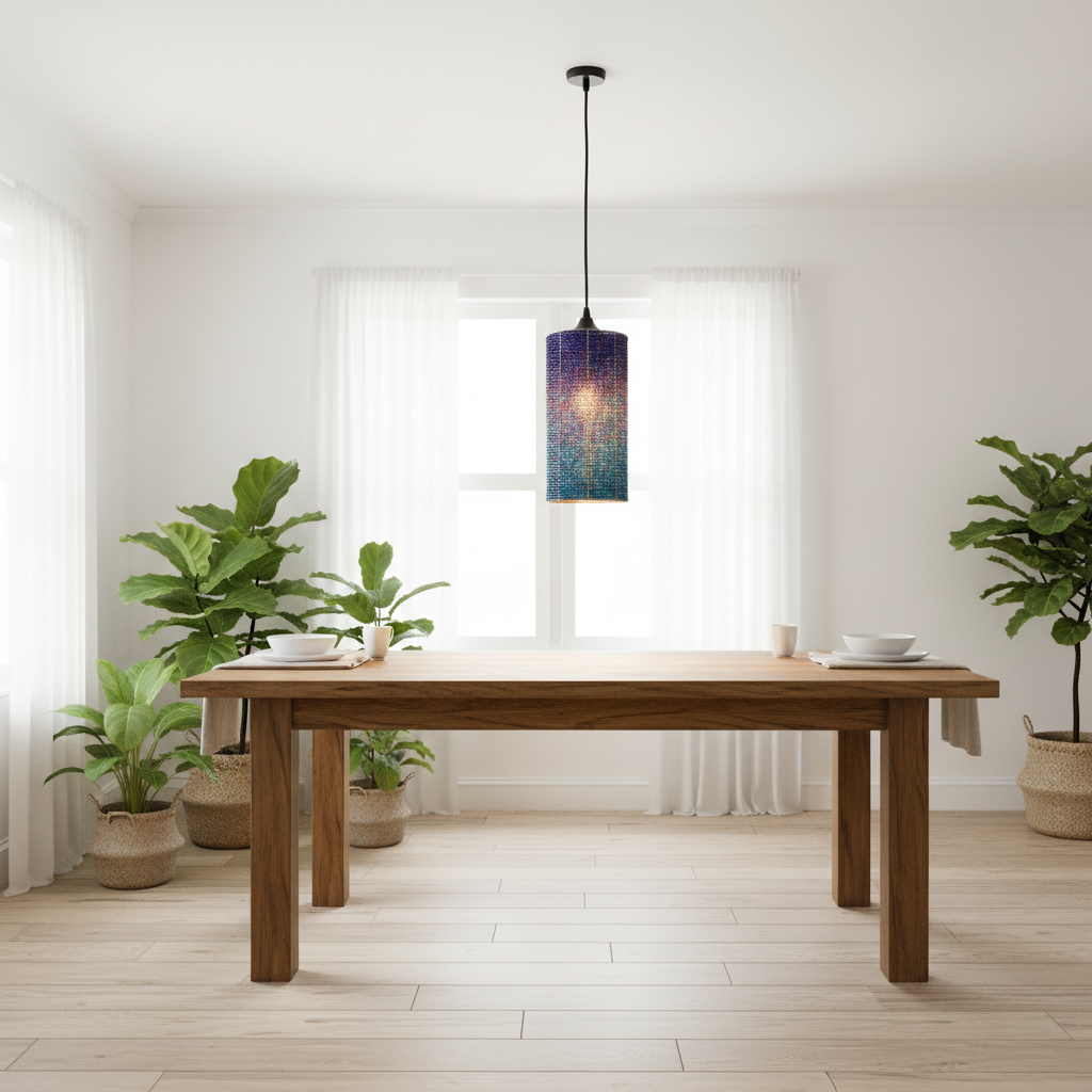 Pendant Deep Blue Sea beaded pendant light hanging in a coastal living room