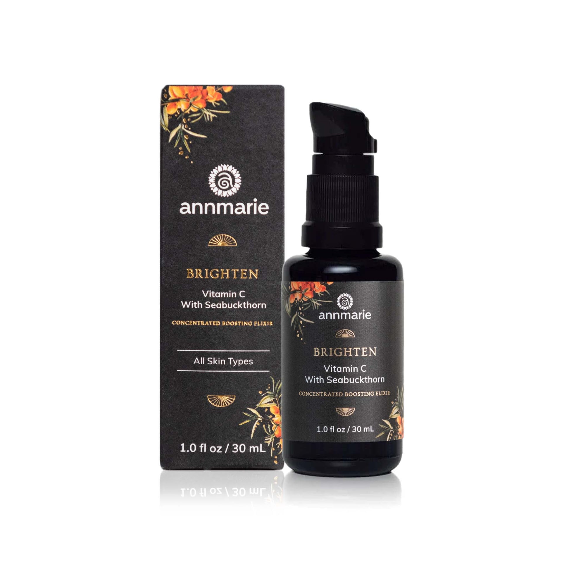 Brighten Vitamin C with Seabuckthorn concentrated boosting elixir bottle displayed with matching product box packaging.