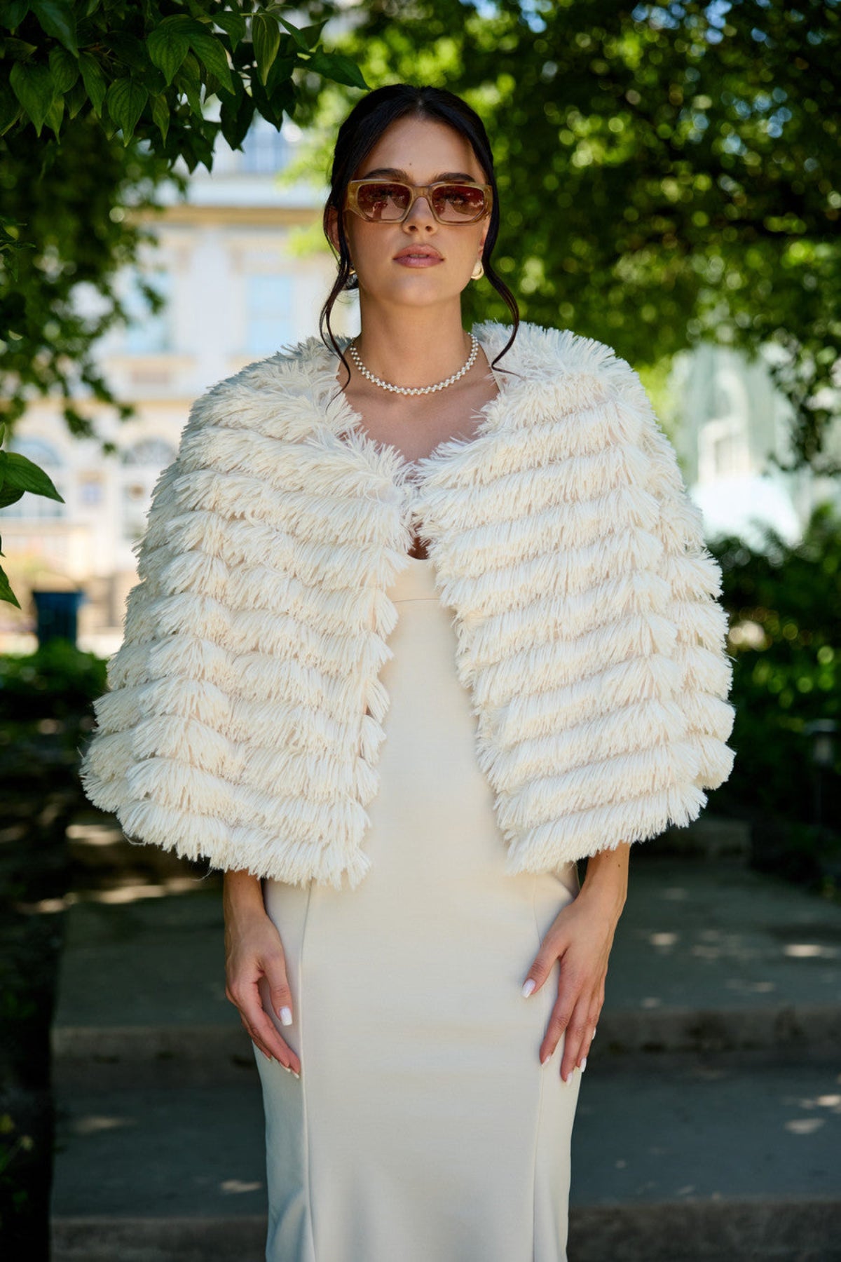 Faux Fur Tasseled Capelet - White