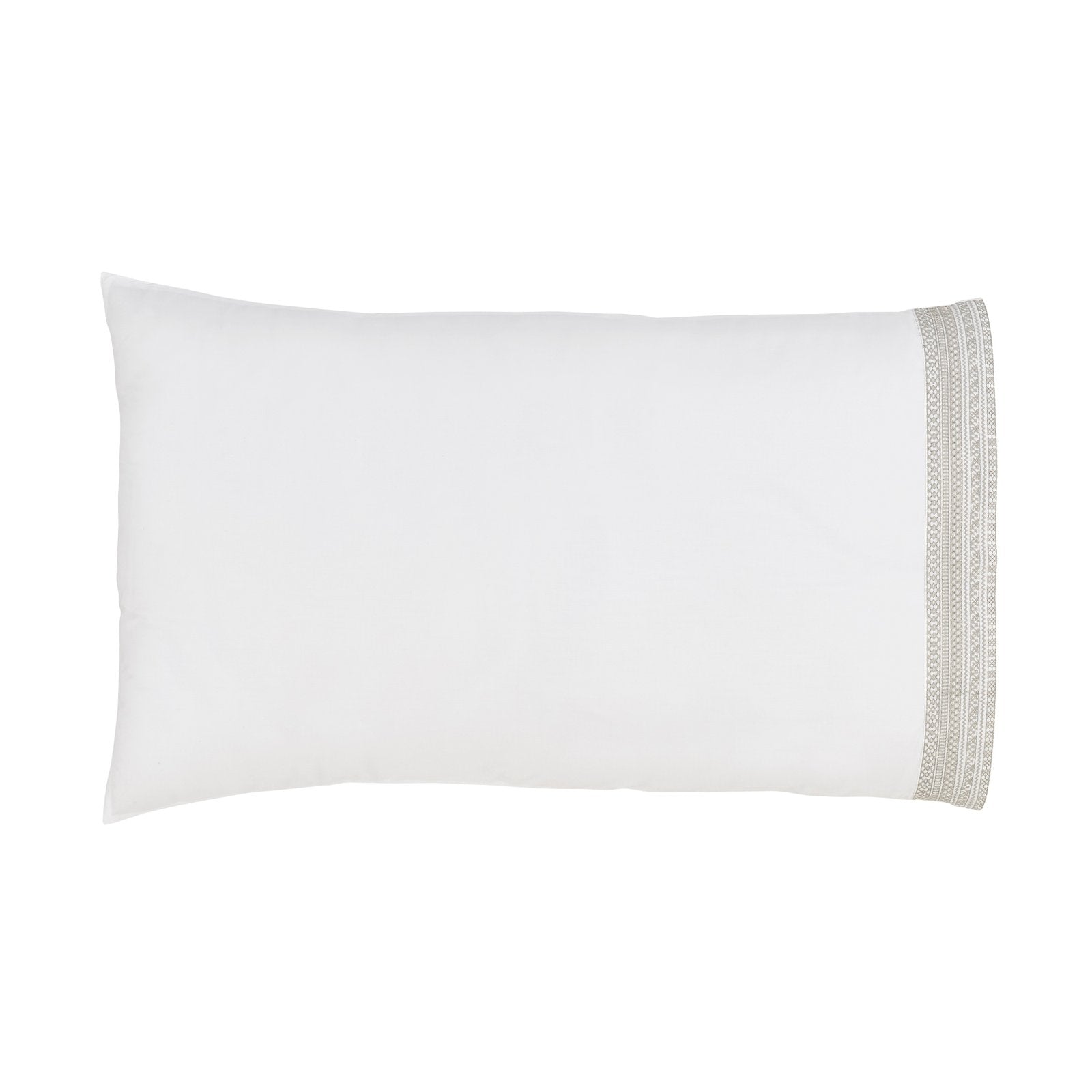 AKP-501-2040_1|Crisp white 100% cotton pillowcase with an elegant geometric patterned border, offering luxurious comfort and style.