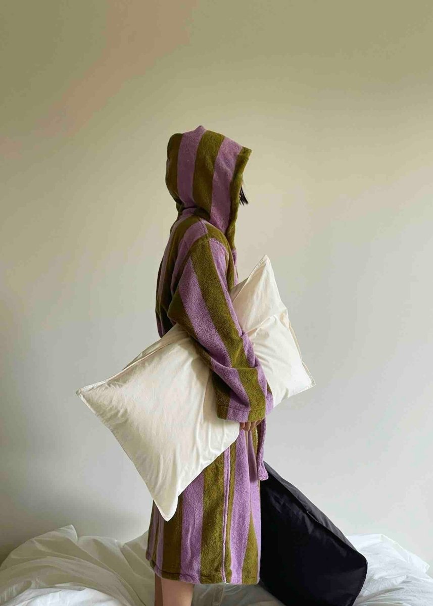 Ultra Soft Retro Whimsical Stripe Bath Robe - 100% Organic Long - stapled Cotton - Retro Whimsical Stripe Bath Robe - Blue & Green Stripe - INSPECIAL HOME
