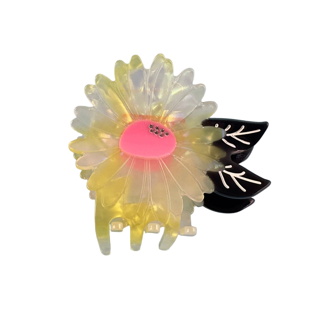 white and yellow iridiscent hair claw with pink and black, for a floral look from centinelle. Handmade on cellulose acetate, with splice technique, exquisite miniature details and crystals, that are tied directly to its value and make them unique and special. 