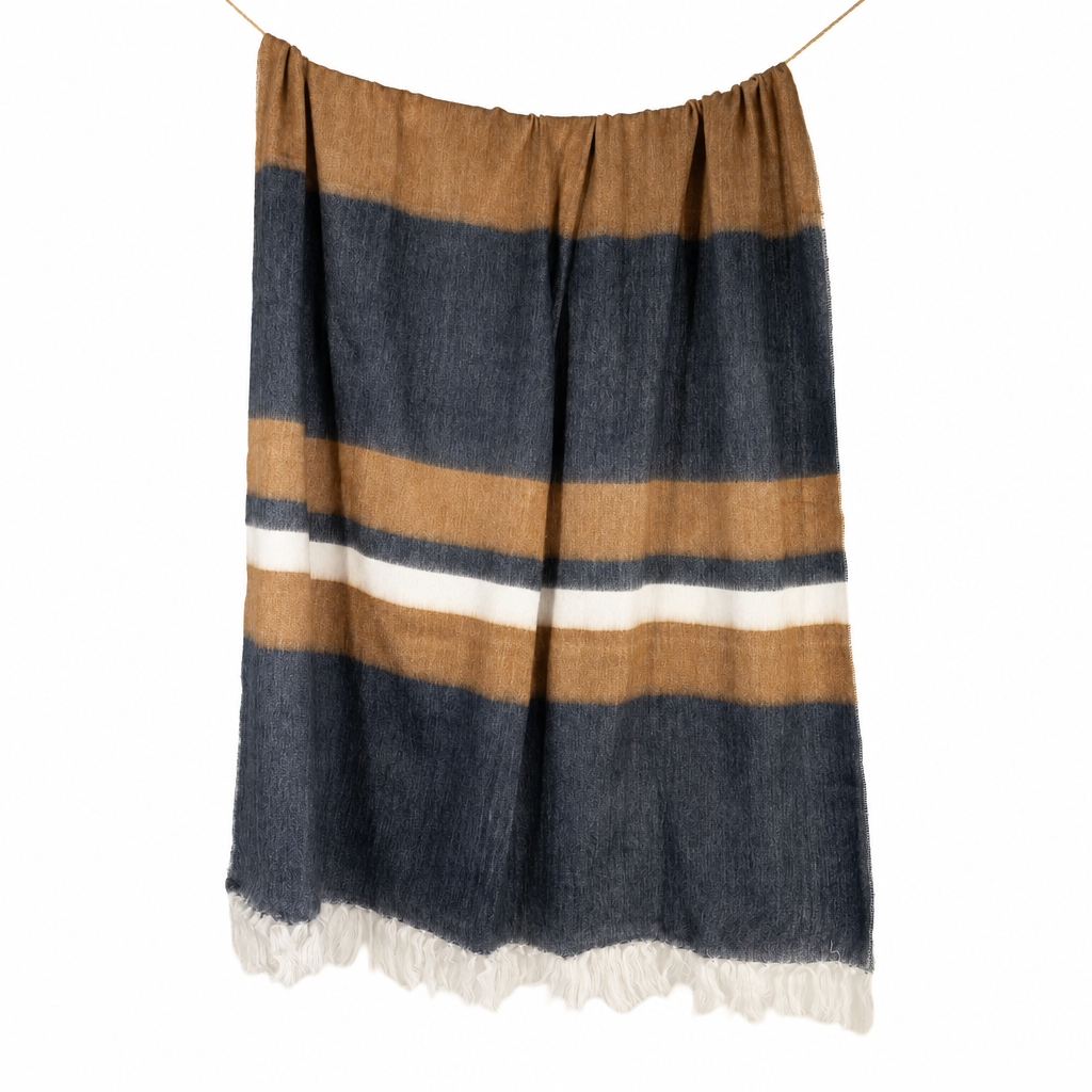 Copper & Navy Camilo handwoven alpaca throw blanket hanging, Kallpa Collection