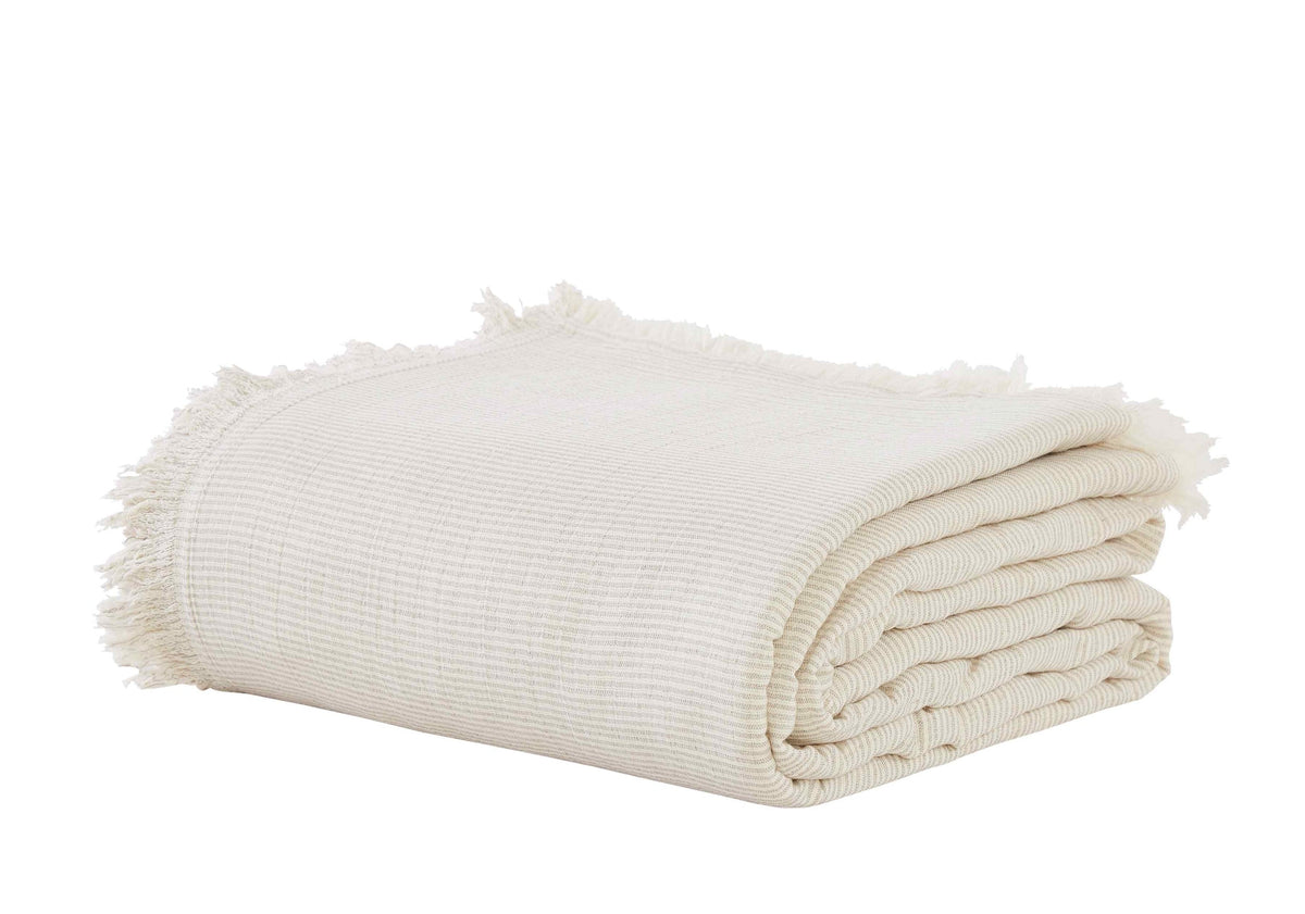BT-114-9496_3|Neatly folded cream striped blanket featuring delicate fringe edges, ideal for adding a touch of cozy elegance to any living space.
