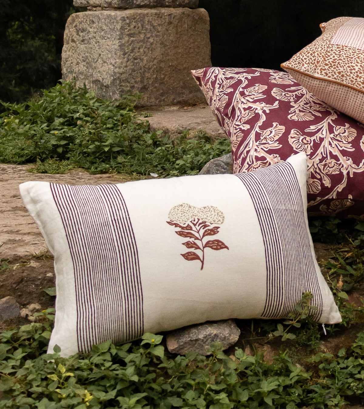 Vera Floral Lumbar Linen Pillow Cover - Wine Red