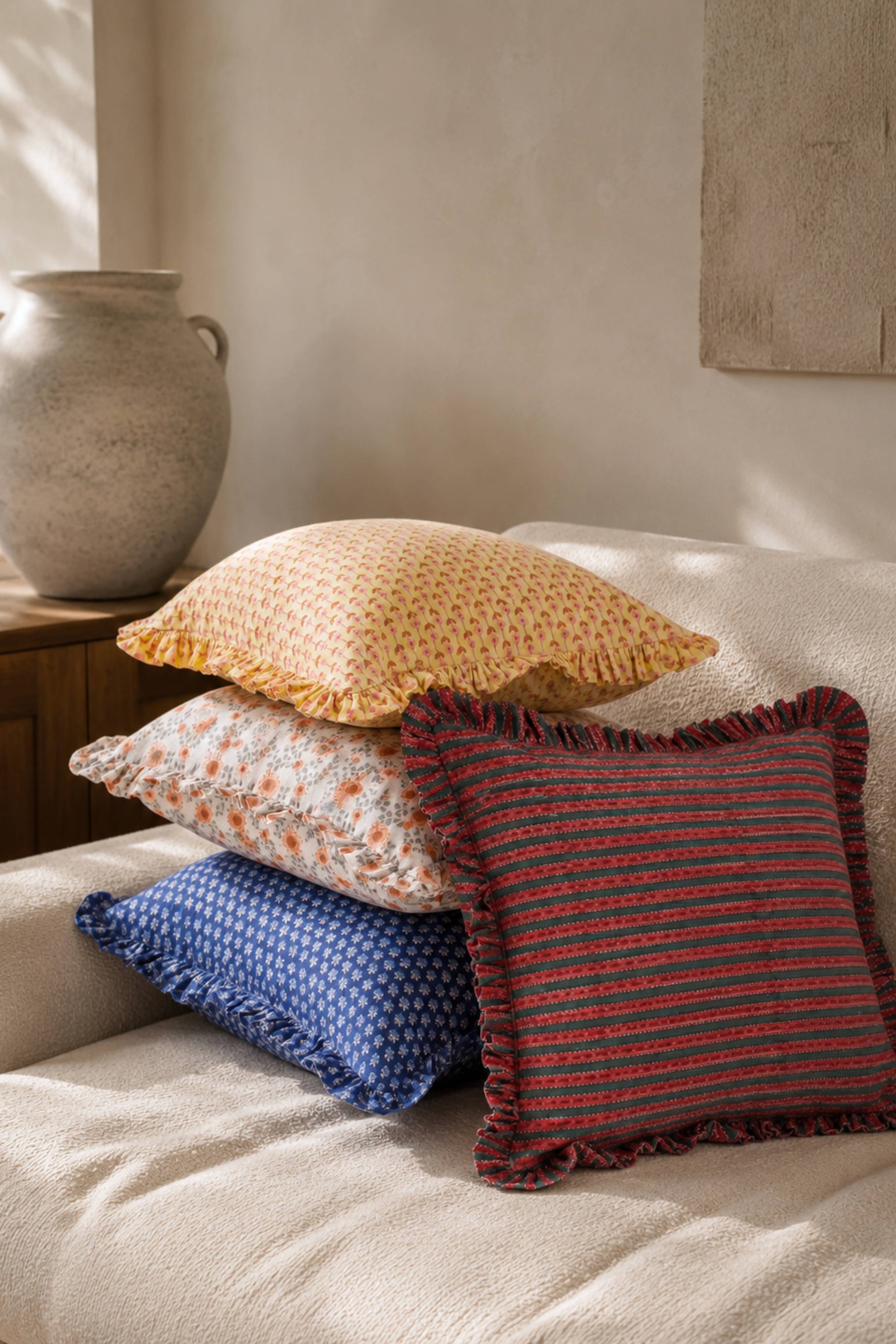 Apricot & Sage Ruffle Blockprint Pillow Cover