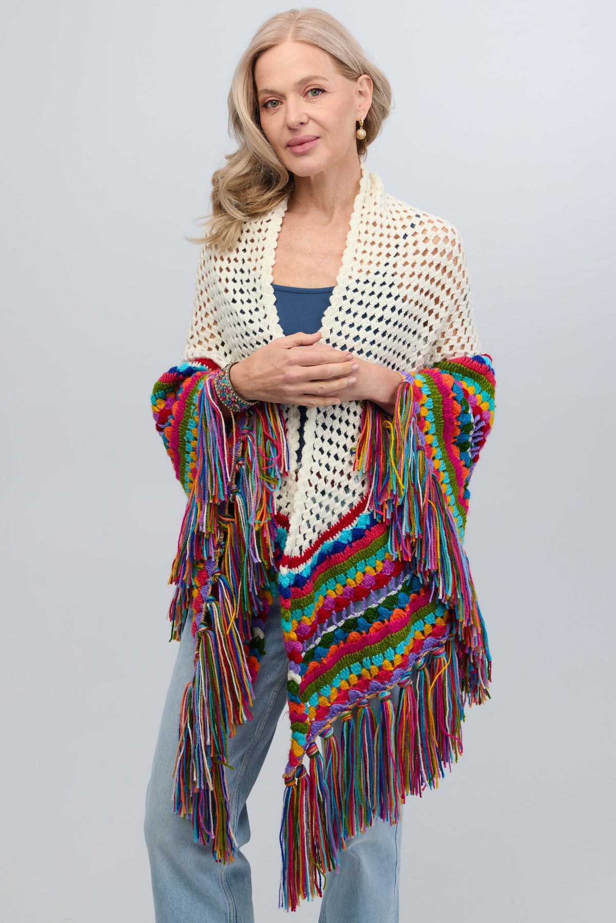 Rainbow Crochet Fringe Wrap - White