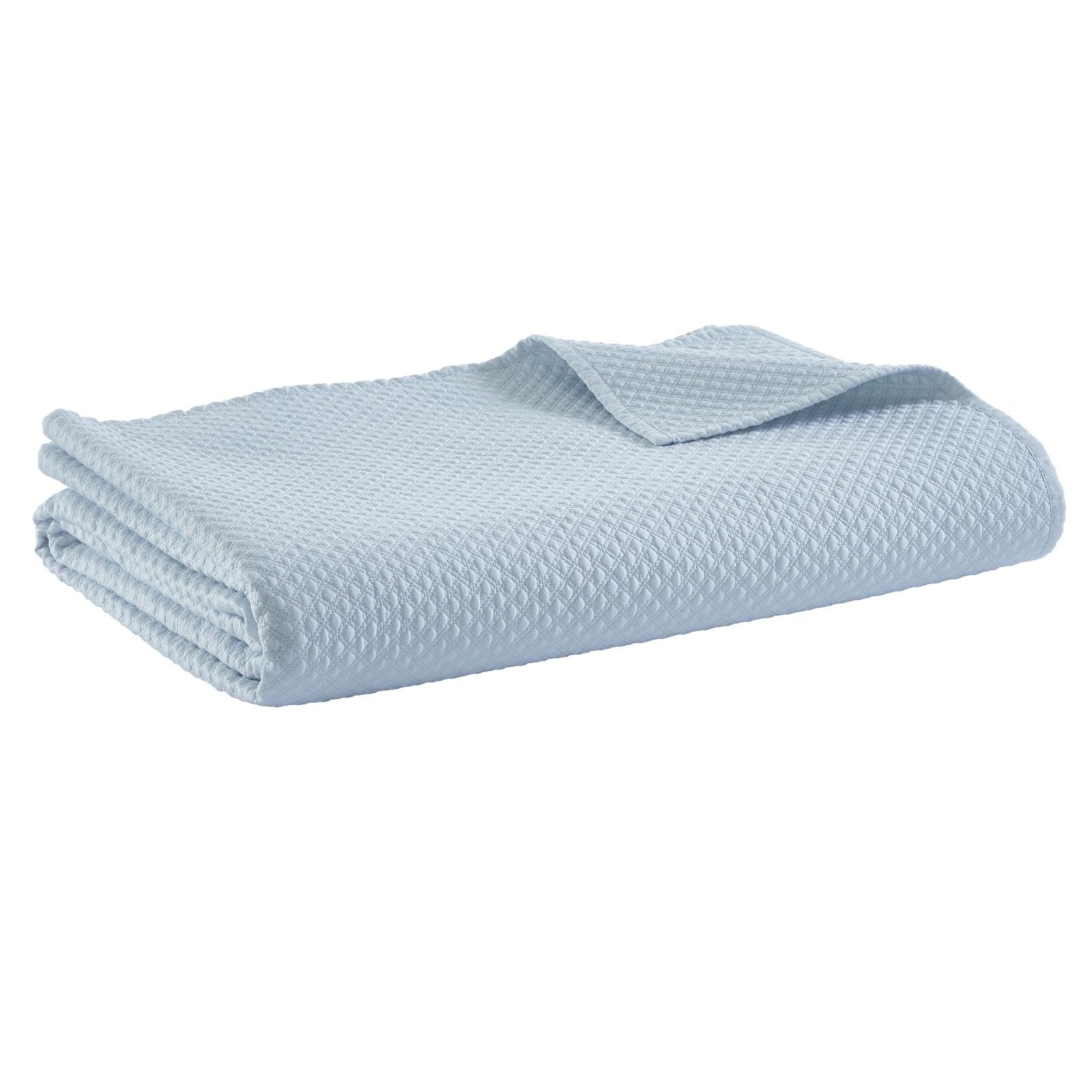CL-251-9496_6|Folded light blue textured coverlet, showcasing its delicate diamond pattern and refreshing aesthetic appeal.
