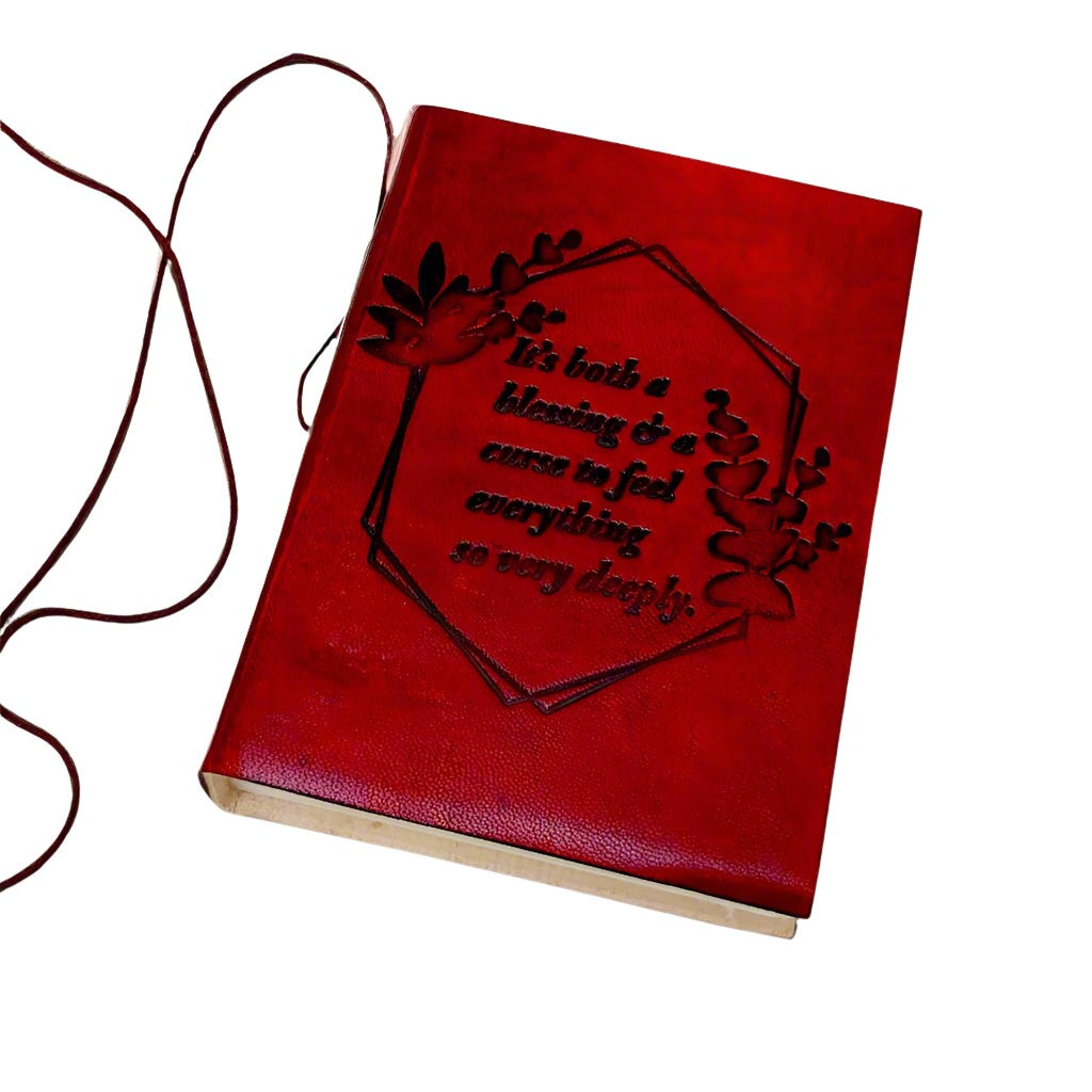 Handcrafted leather-bound diary with inspirational cover text – eco-conscious gift for seekers and storytellers