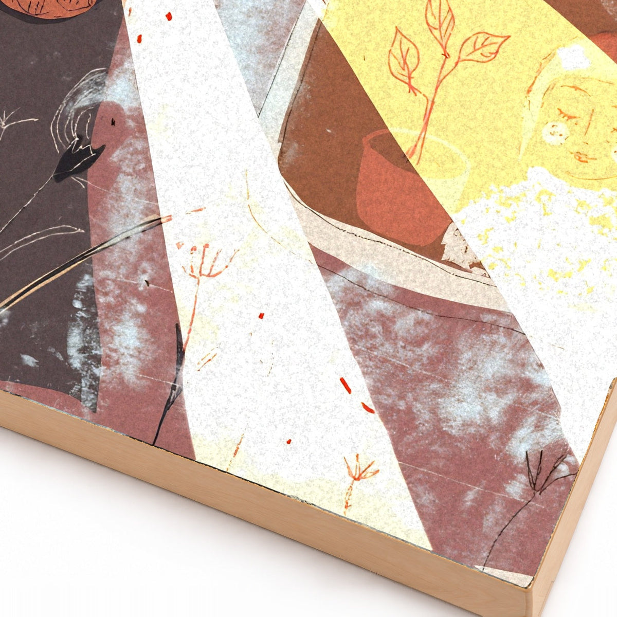 Morning Sunlight girl in window and owl in tree art print, close-up detail of print and wood edge