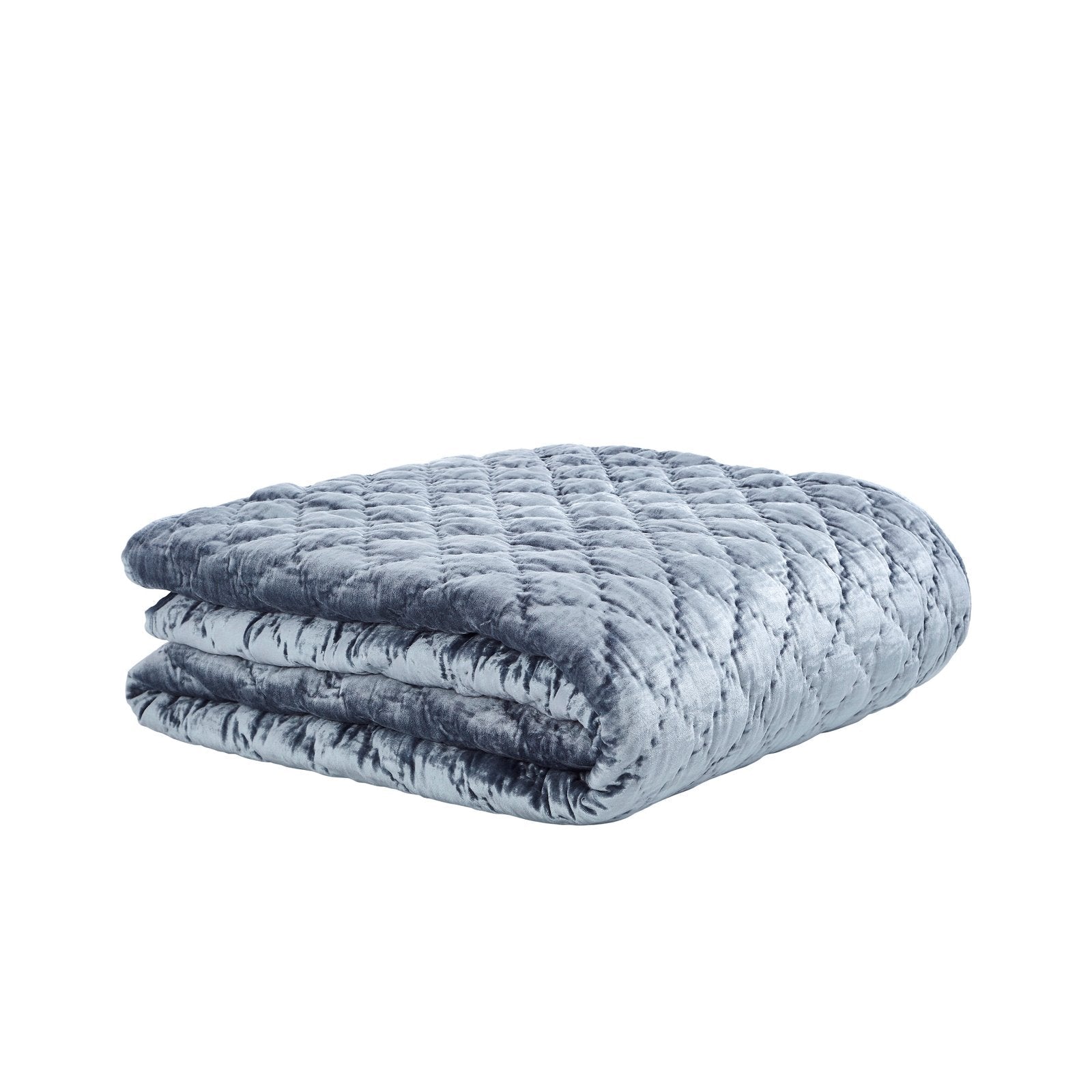 QT-341-11096_2|Folded soft blue velvet quilted quilt with a diamond pattern, perfect for adding warmth and texture to any bed.