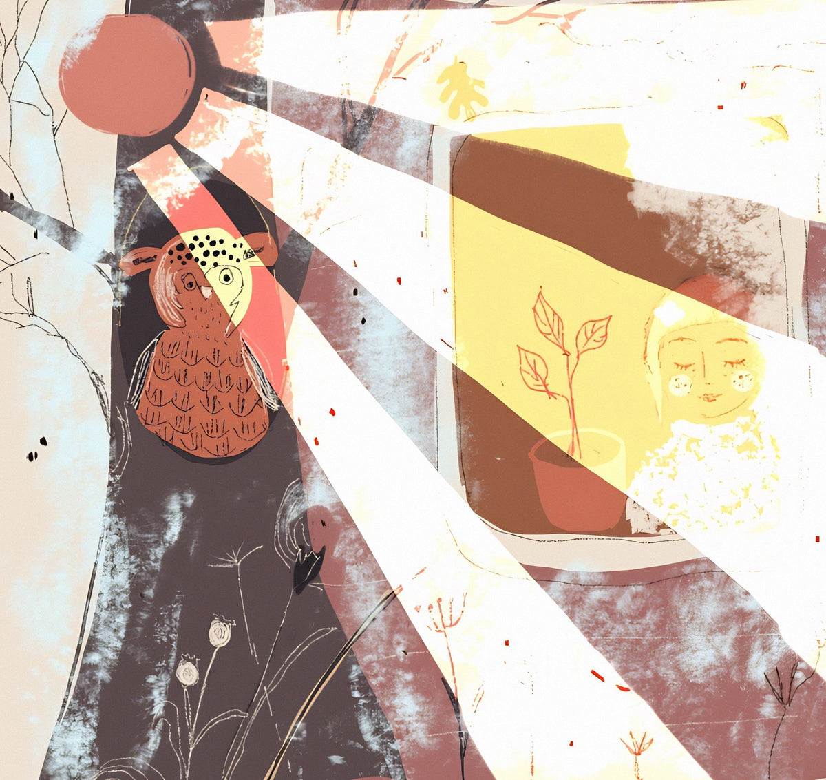 Morning Sunlight Scene with Girl in Window and Owl in Tree Print on Board, Wilderness is Me, Whimsical Morning Forest Art Print, - Leopard Frog