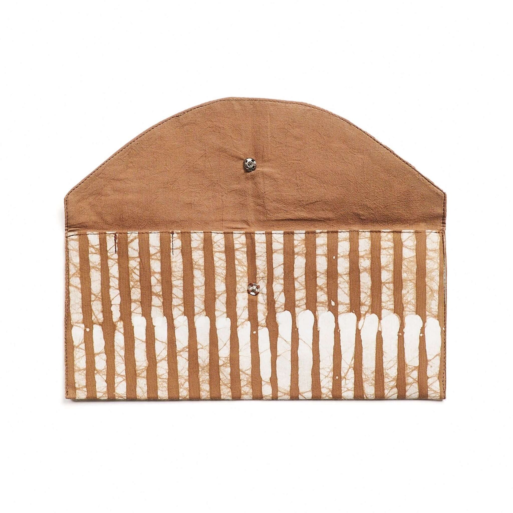 Oak Brown Stripes Cotton Wax Block Printed Envelope Pouch showcasing its unique stripe design and natural fabric.
