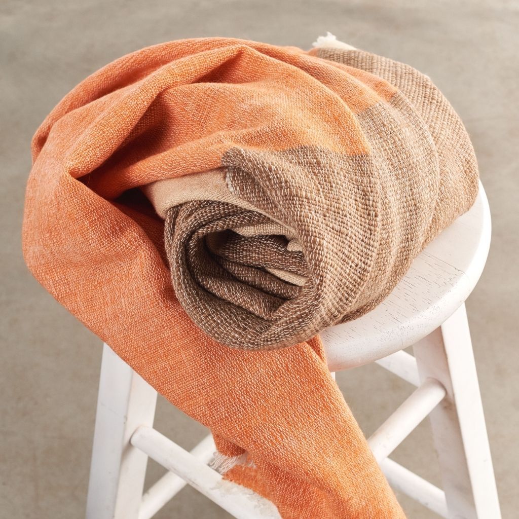 Chestnut Orange Cream Brown Color Block Handwoven Soft Merino Throw - Thumbnail 5