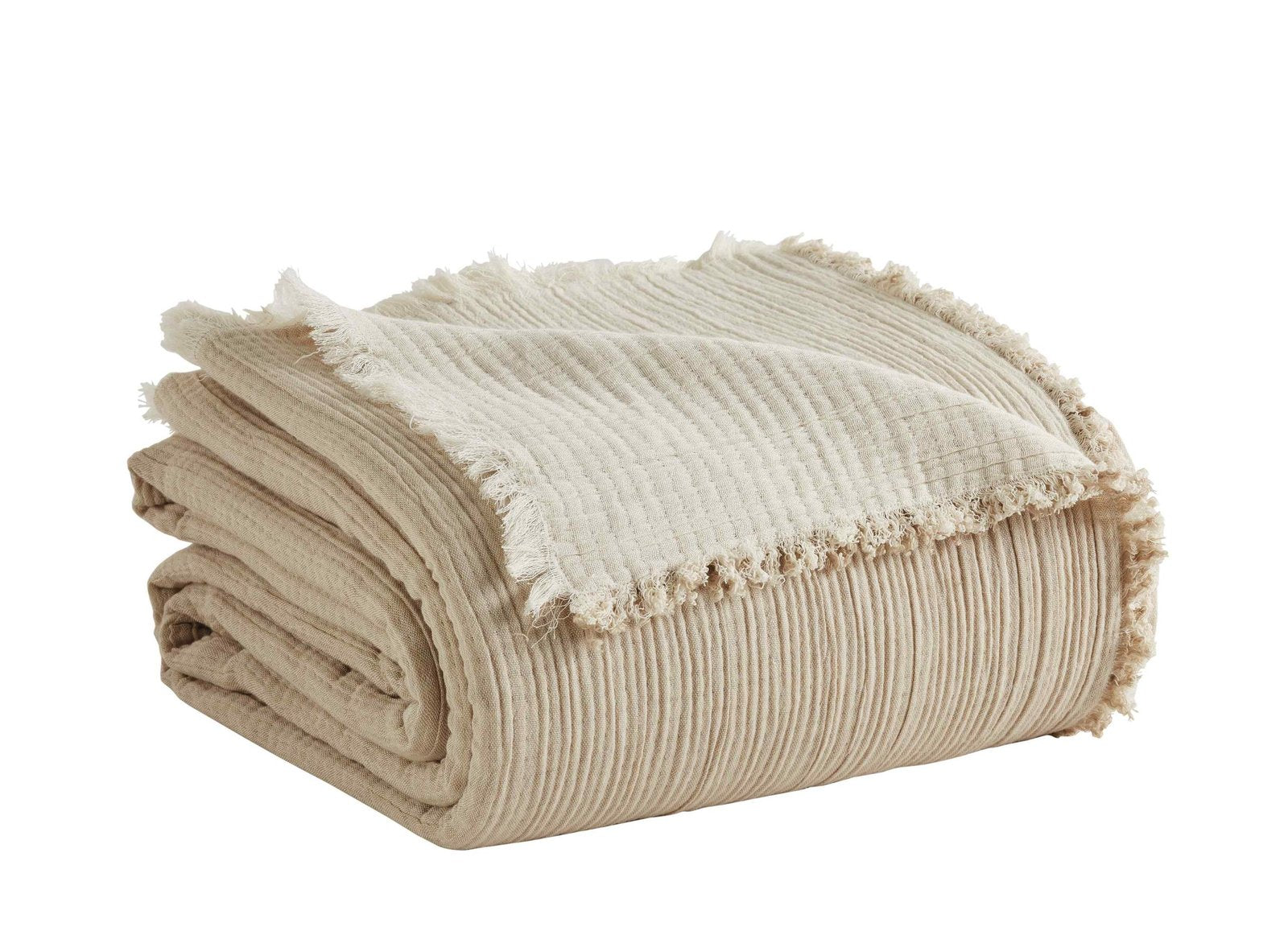 BT-101-11096_2|Neatly folded beige textured blanket with a soft crinkled feel and fringed edges, ideal for cozy comfort and stylish layering.
