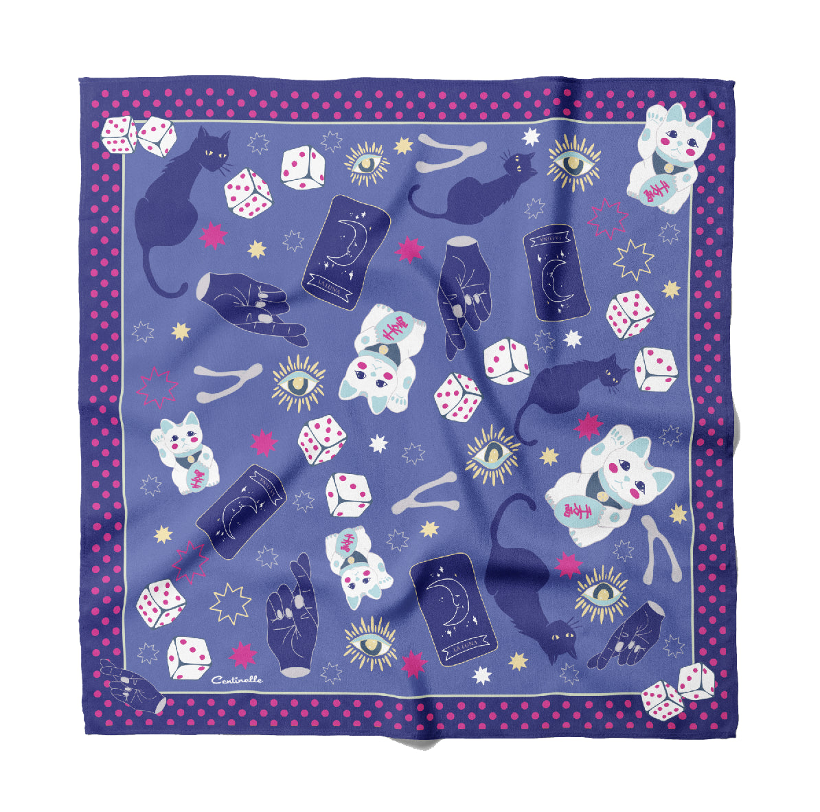 Fortune cotton silk bandana on blue, with white and hot pink touches, is full of lucky charms, maneki cat, tarot card, black cat, crossing fingers, dice and more, can be worn as a head scarf , neckerchief or to decorate your tote bag.  Made of a luxurious cotton-silk blend with a precise machine-stitched hemming, perfect as head wraps or neckerchiefs, bandana hairstyles, bandana headband; bandana style is in and now. Ethically sourced.