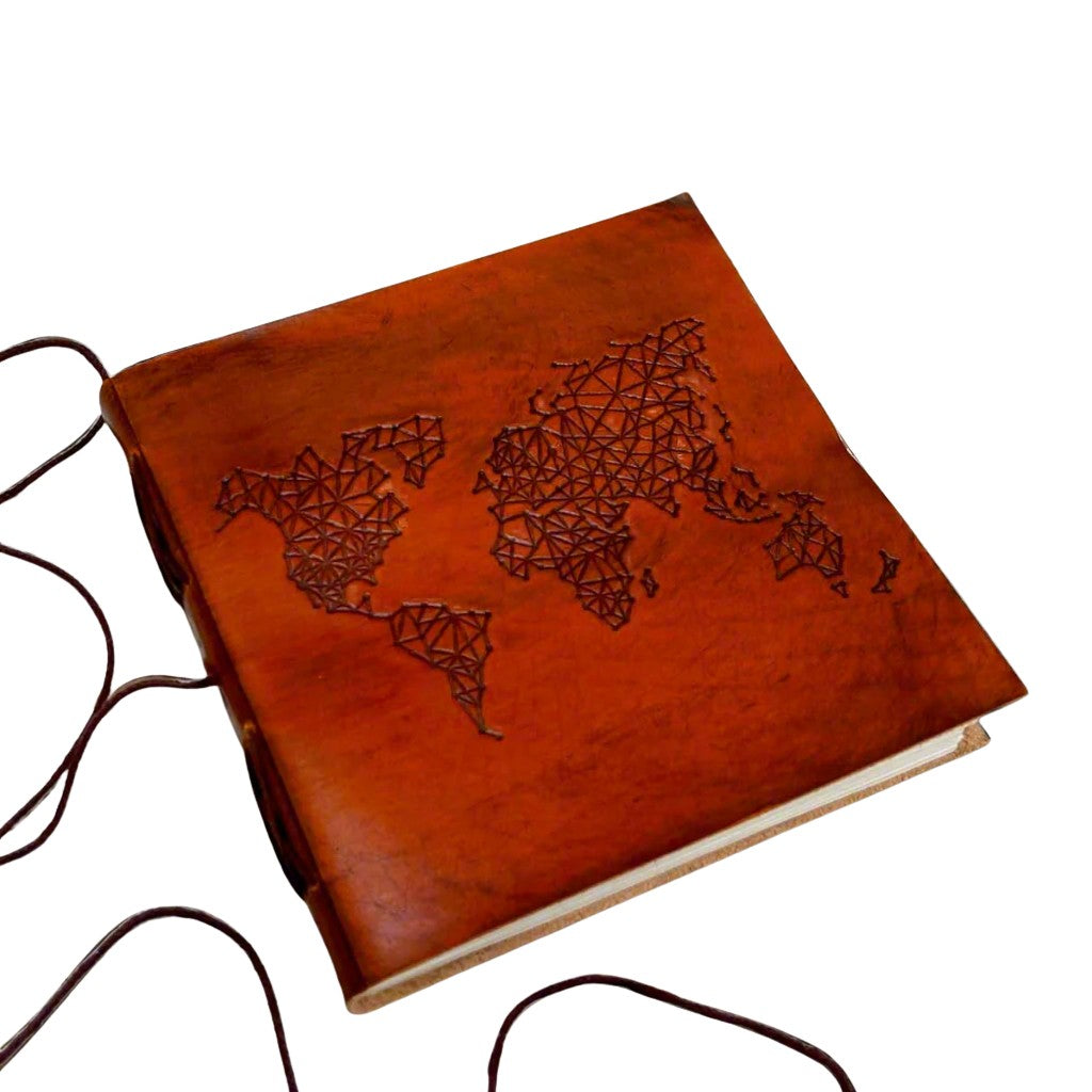 Adventure-ready leather journal – world map embossing for documenting memories from every corner of the globe