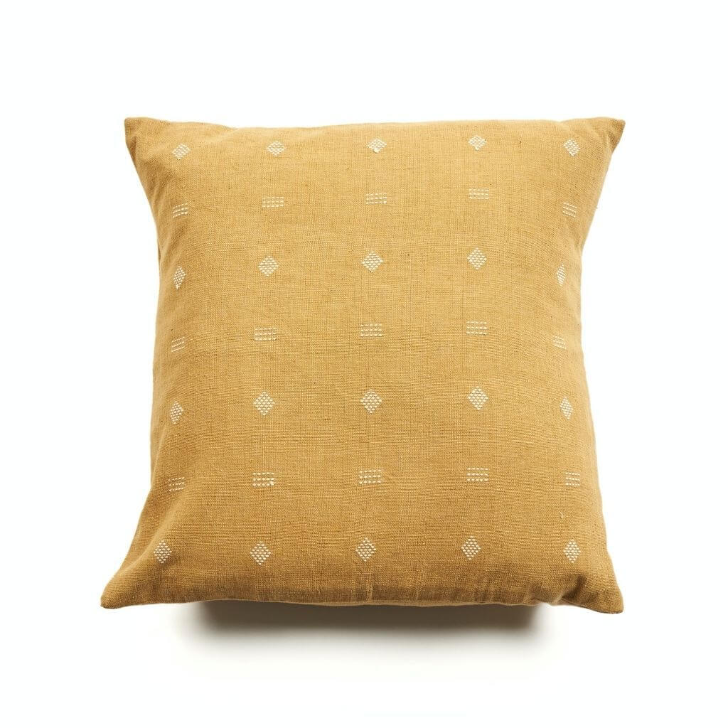Nira Ochre Hand Spun Organic Cotton Handloom Pillow featuring classic pattern and undyed yarns.
