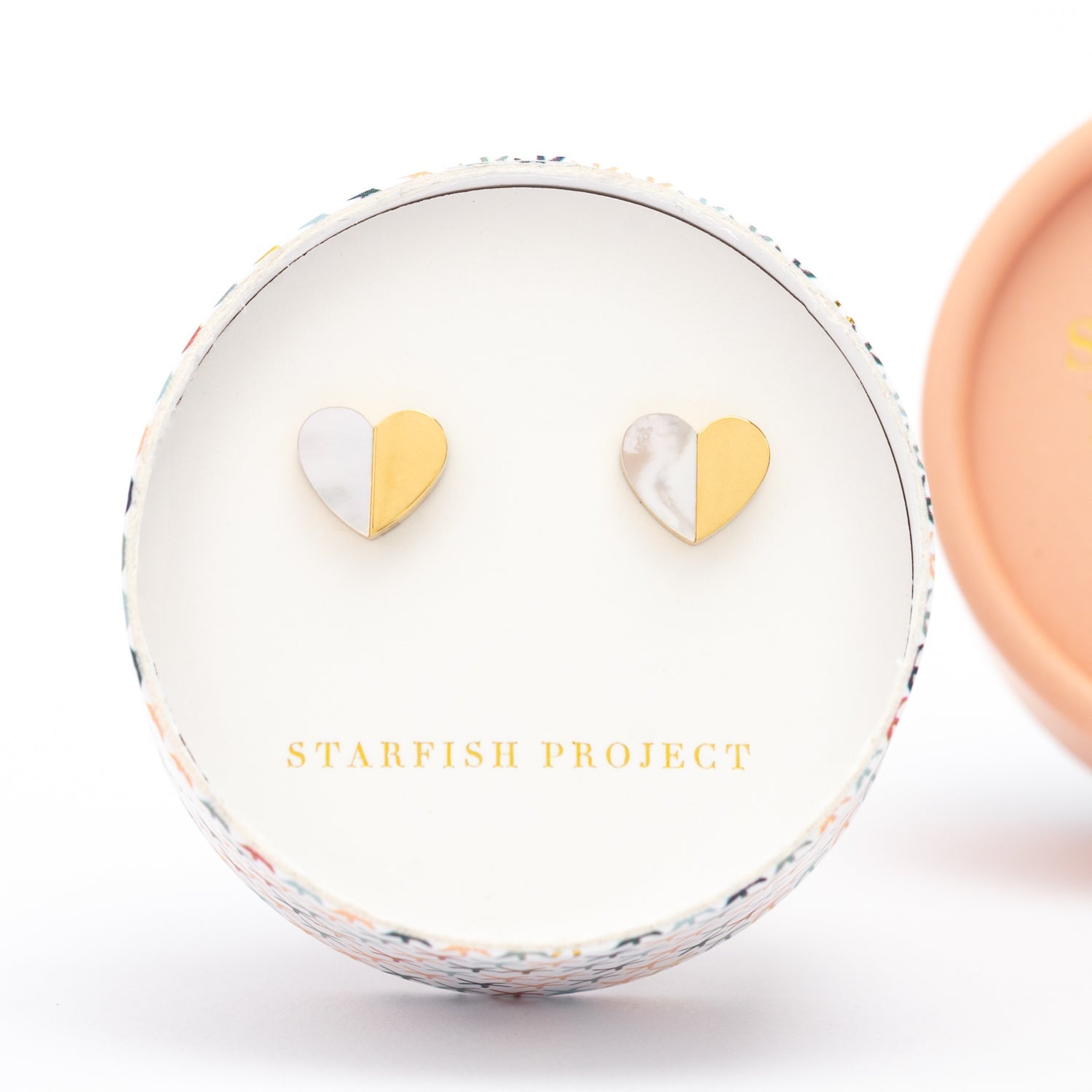 Set of gold and pearl heart earrings in a gift box, women's artisan jewelry, Starfish Project, symbolism for hope