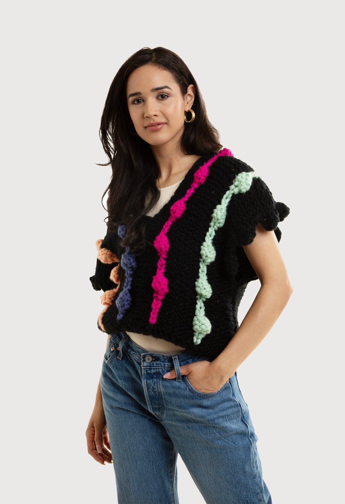 Multi Chunky Knit Sweater Vest - Black