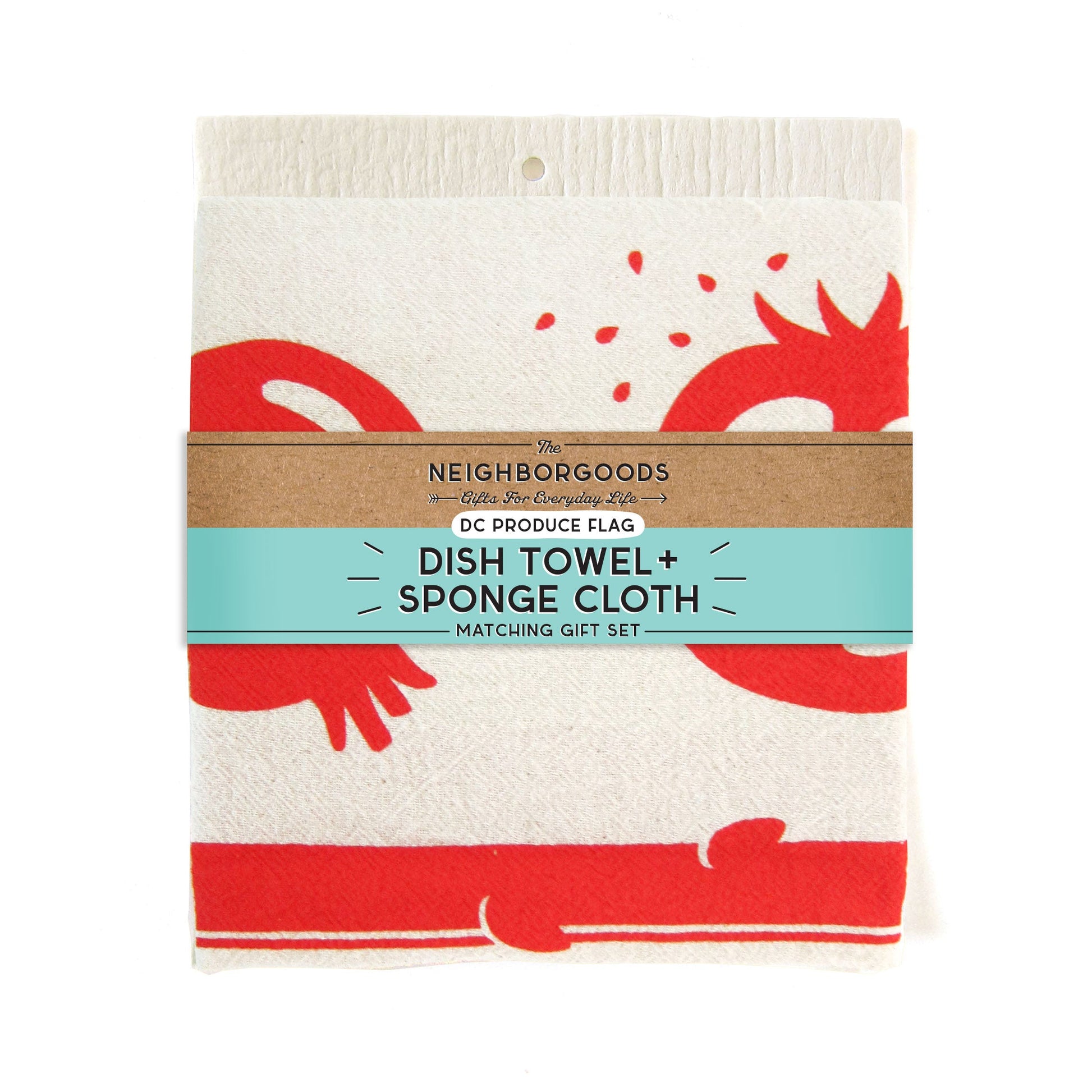 Back of matching dish towel and sponge cloth set with DC Flag design, featuring the phrase "We the Produce"