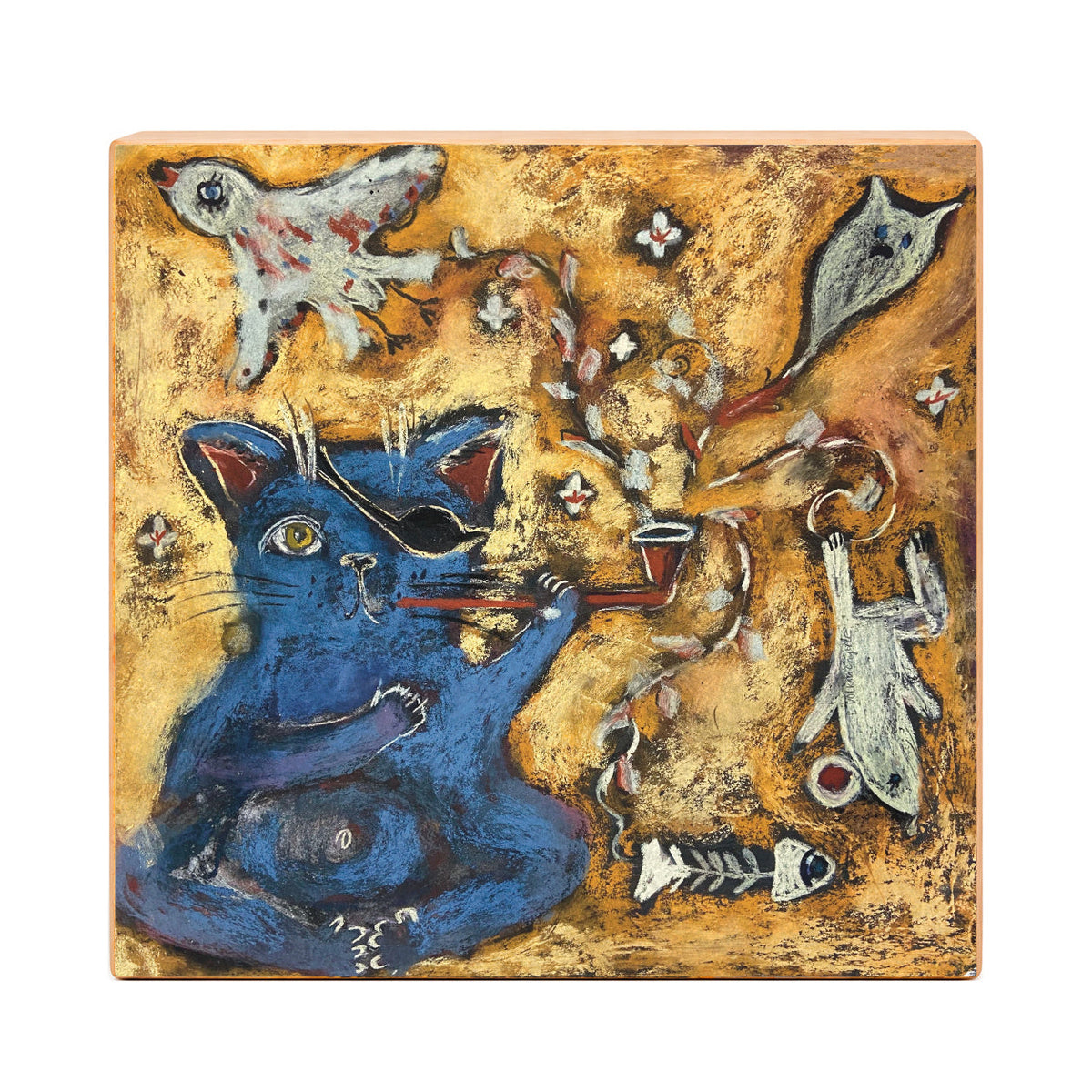 Smoking Cat blue pirate cat with pipe art print, front view on gesso board