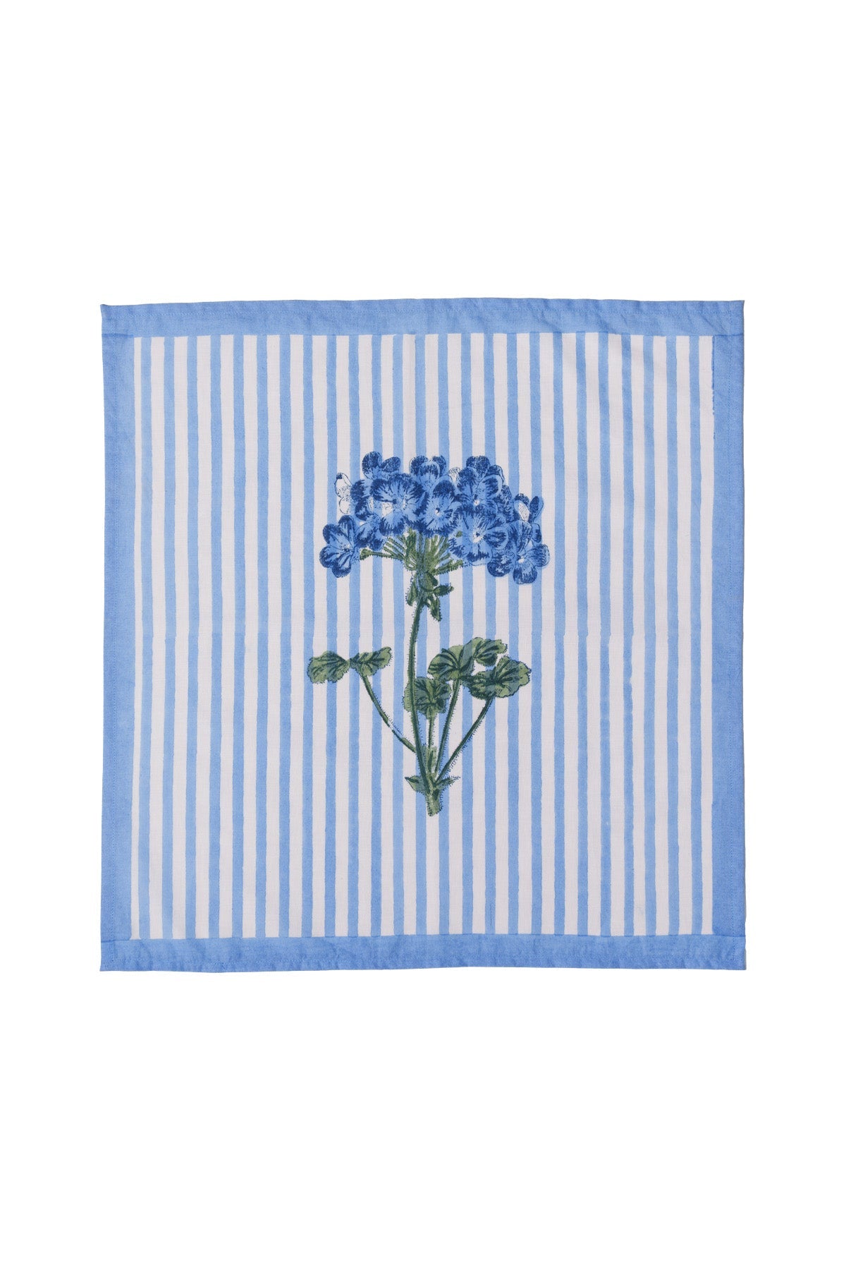 Blue hydrangea blockprint napkin with white stripes and blue floral design, set of 4