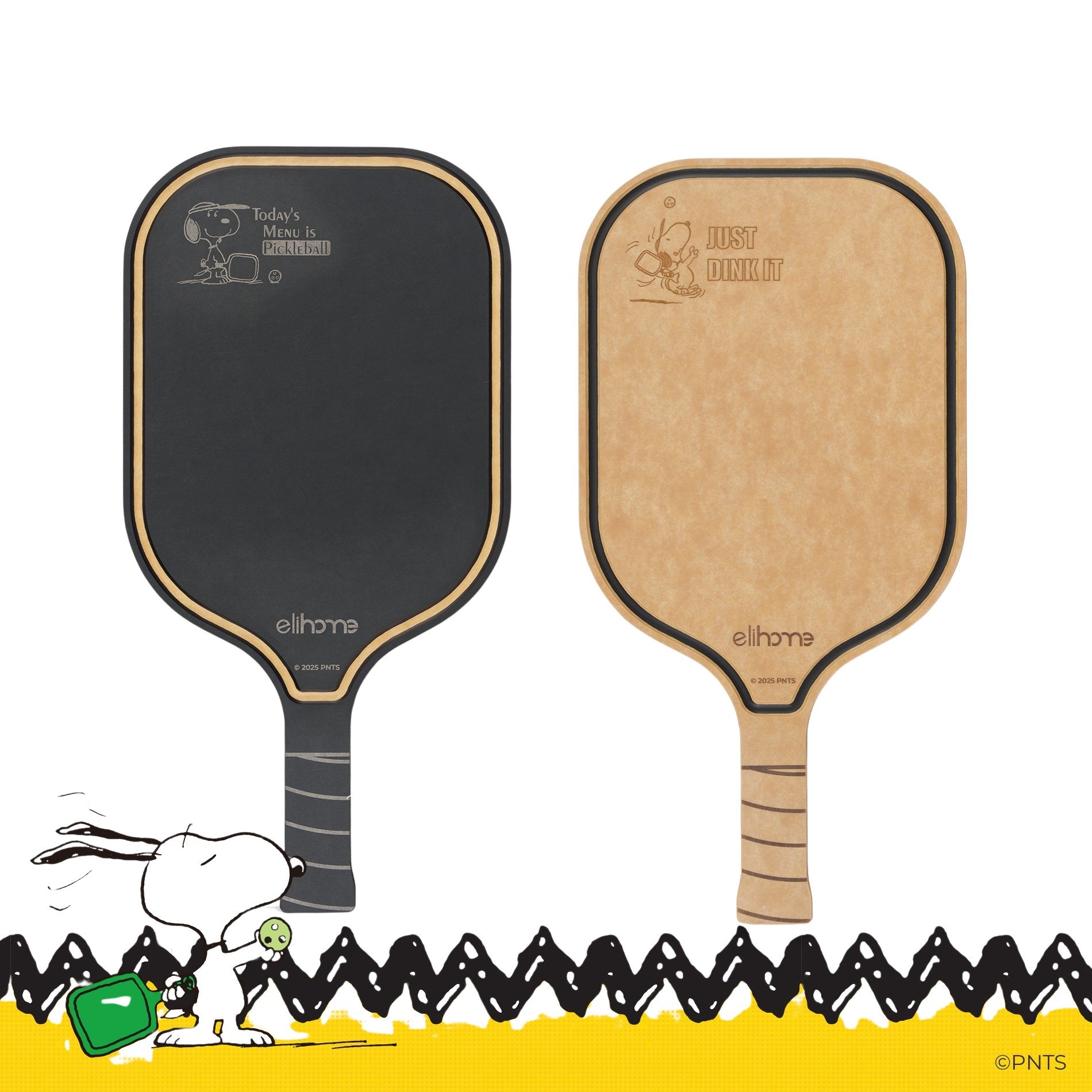 Pickleball paddle and cutting board with 'elihome x Peanuts' branding on a light background