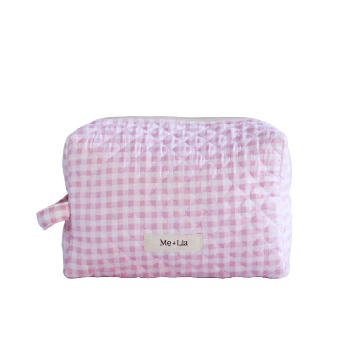 Gingham Pink Make-up Bag Large — interior of pink gingham cotton cosmetic bag