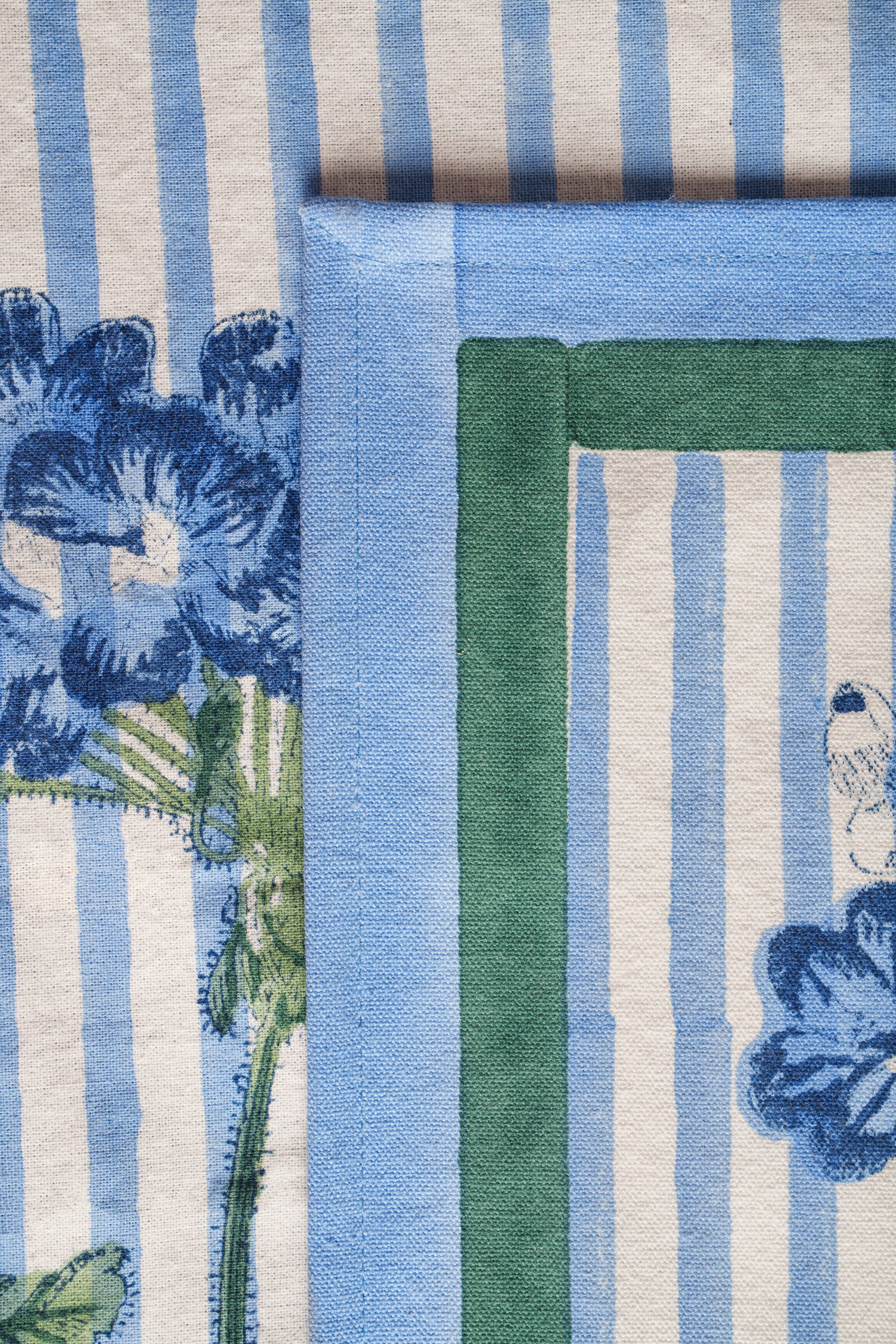 Close-up of blue striped hydrangea blockprint fabric detail