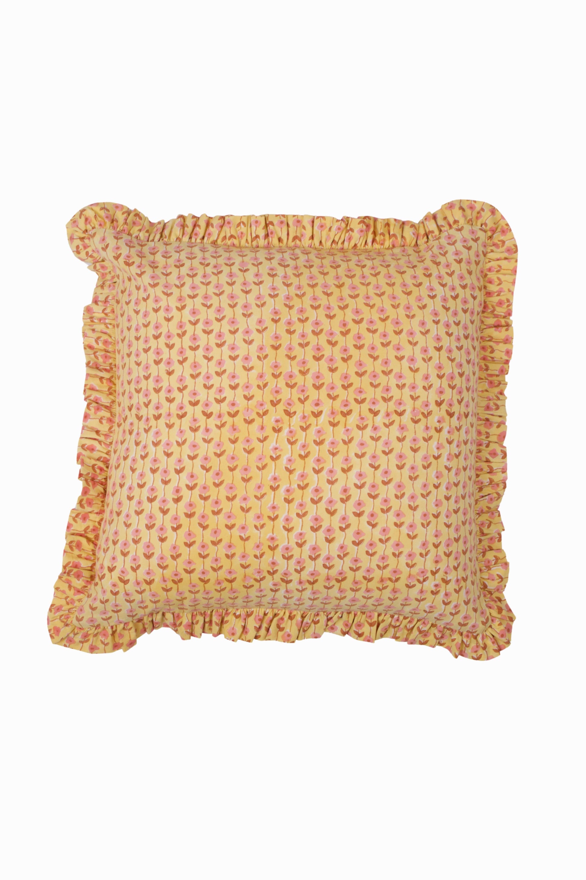 Sunwashed Floral Yellow Ruffle Blockprint Pillow Cover