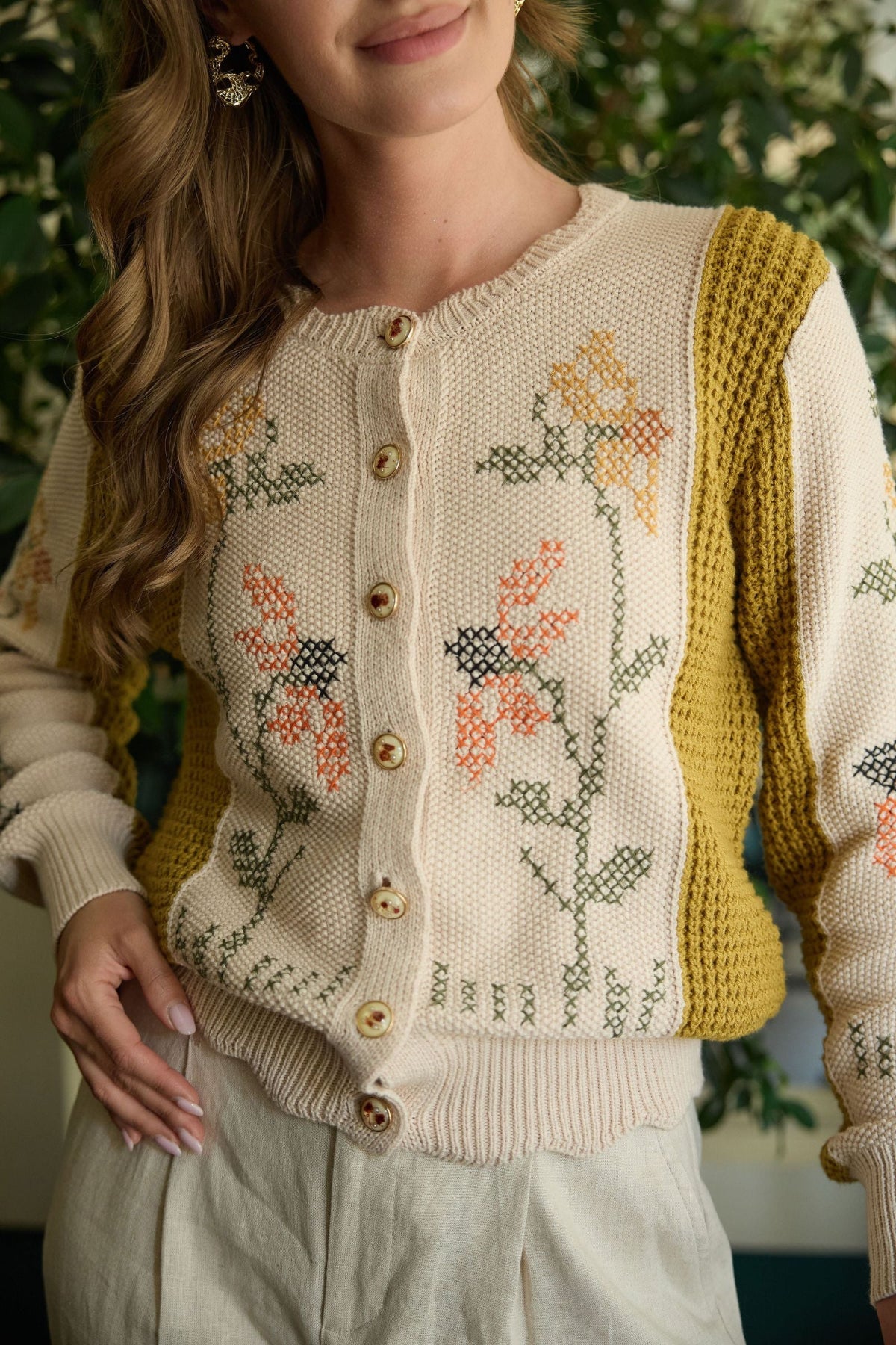 Meadow Stitch Embroidered Cardigan - BEIGE