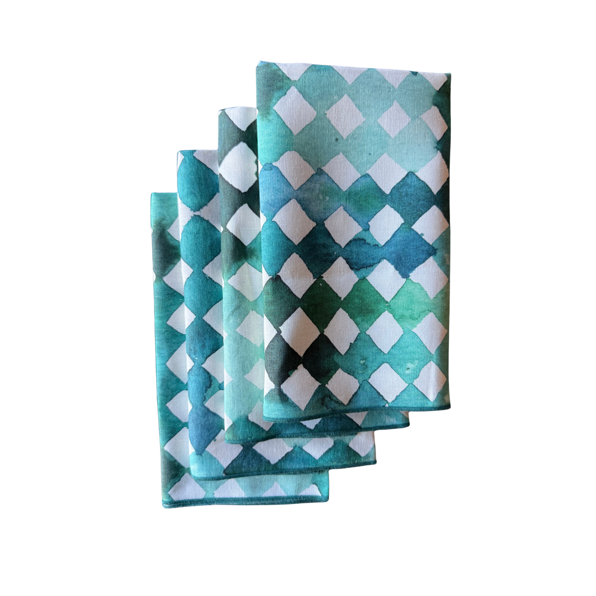 Blue Diamond linen dinner napkin set of 4 with watercolor geometric pattern in turquoise and teal - Goldie Home