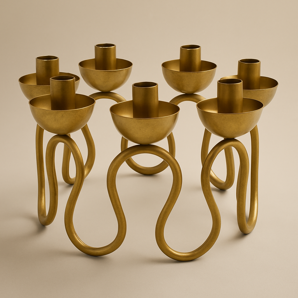 Set of gold candle holders with unique designs on a beige background
