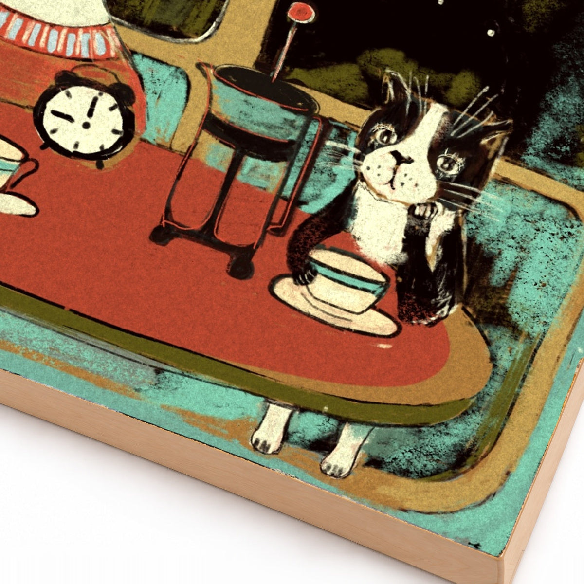 Close-up detail of the Coffee with Cat night scene art print showing the printed surface and wood edge