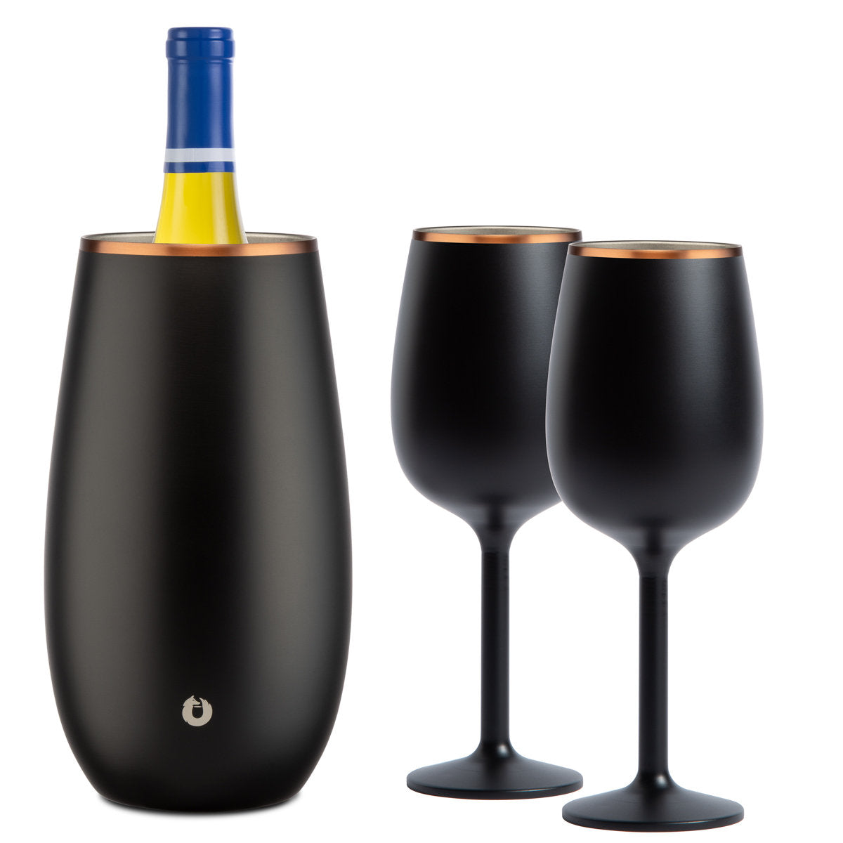 Stainless Steel Wine Chiller and Wine Glass Gift Set - Black