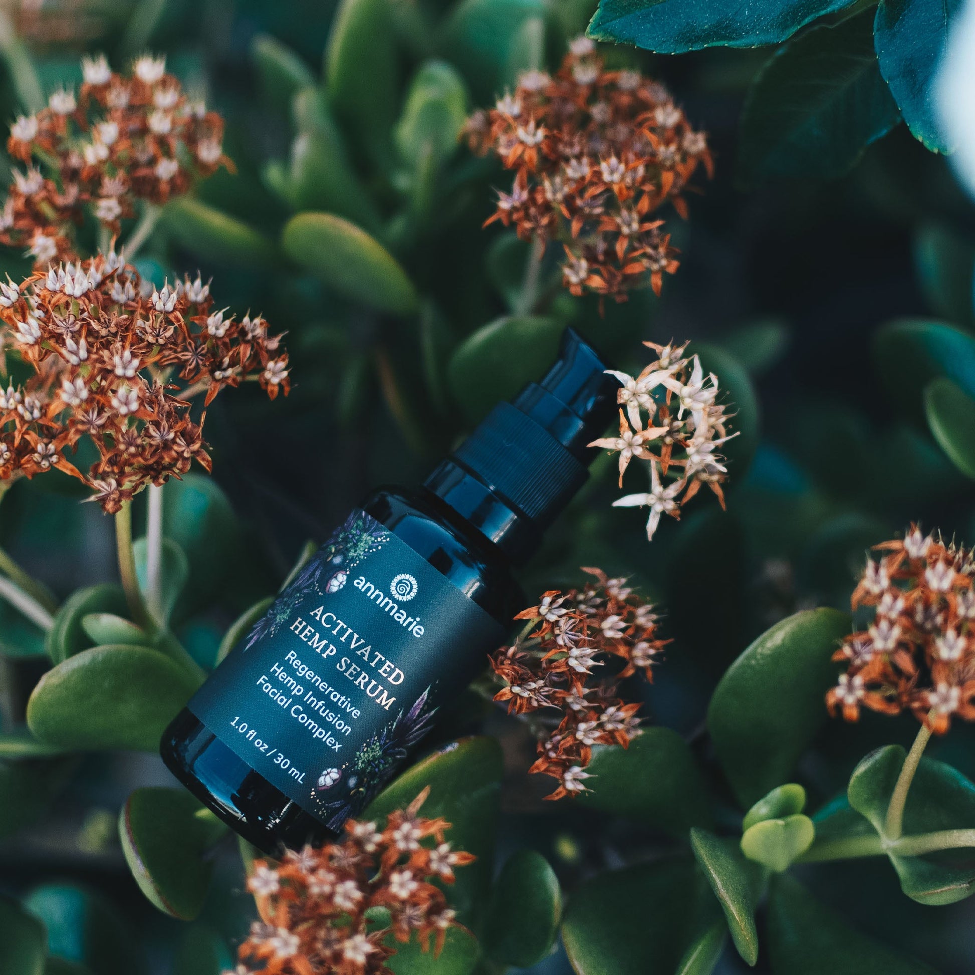 Activated Hemp Serum regenerative hemp infusion facial complex bottle resting among green leaves and small flowers in a natural setting.