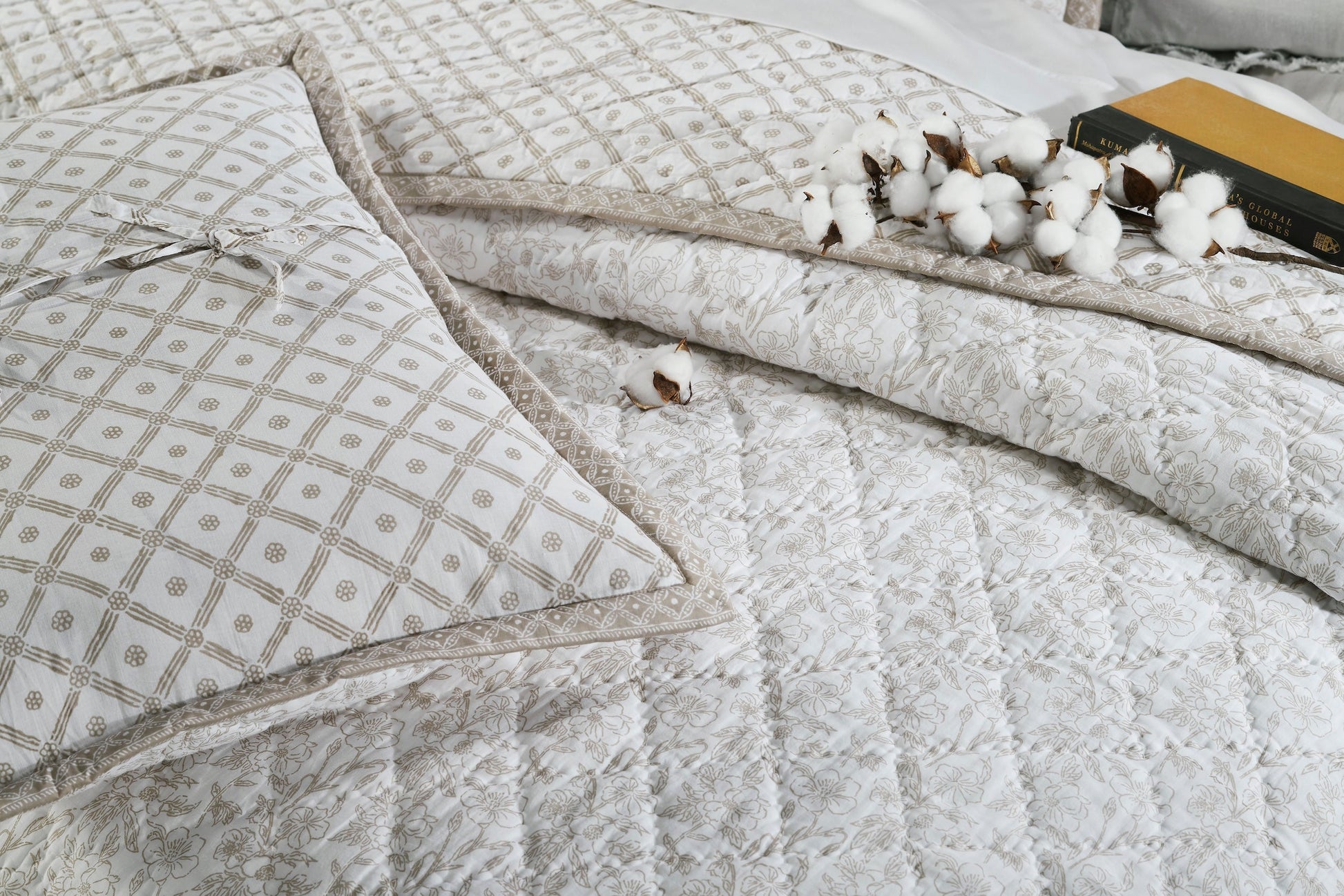QT-346-11096_5|Natural beige floral quilted bedspread with matching patterned pillow. Comfortable, stylish bedding. Ideal for tranquil spaces.