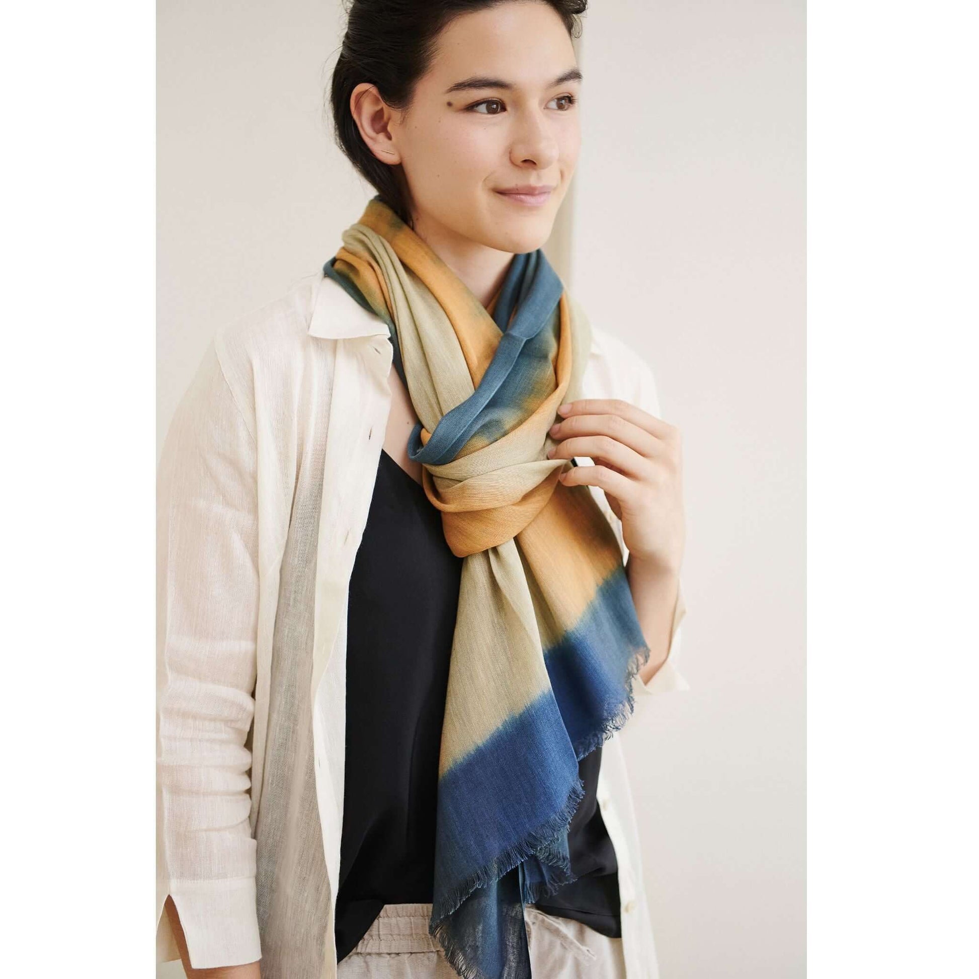 Oceana Beige Soft Linen Silk Handloom Scarf styled with an ombre effect, showcased on a model.