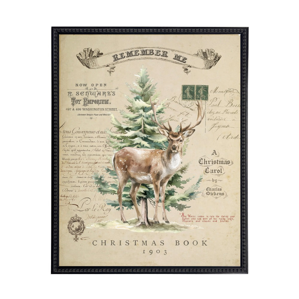 Vintage Painting of a Deer and Tree on a distressed bookplate background