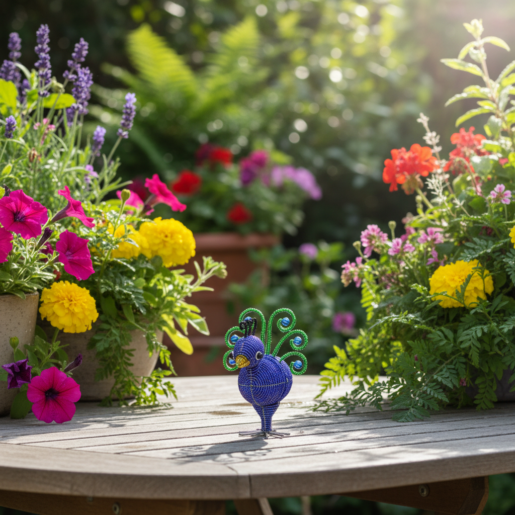 Peacock Baby Set of 2 - handcrafted beaded peacock figurine on garden patio surrounded by flowers