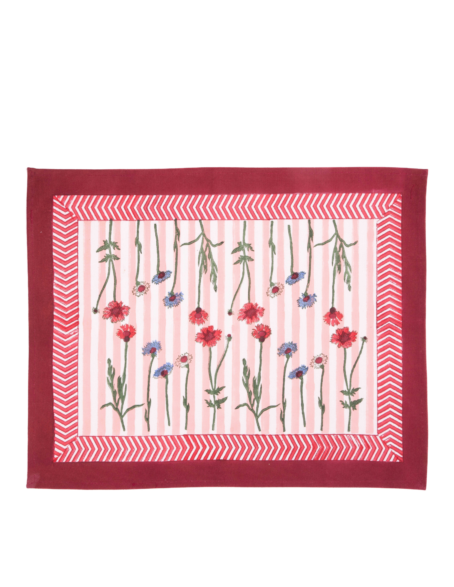 Red-bordered blockprint placemat with pink stripes and colorful wildflowers
