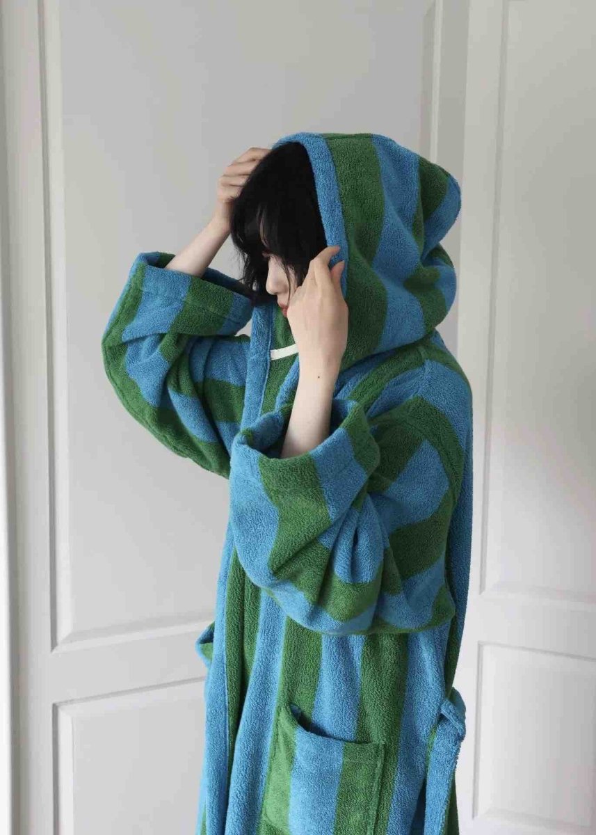 Ultra Soft Retro Whimsical Stripe Bath Robe - 100% Organic Long - stapled Cotton - Retro Whimsical Stripe Bath Robe - Blue & Green Stripe - INSPECIAL HOME