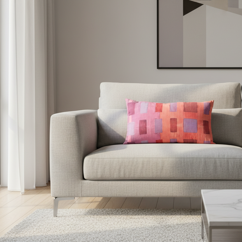 Pink Tapestry linen lumbar pillow 12x20 with bold abstract brushstroke pattern in pink salmon and lavender - Goldie Home