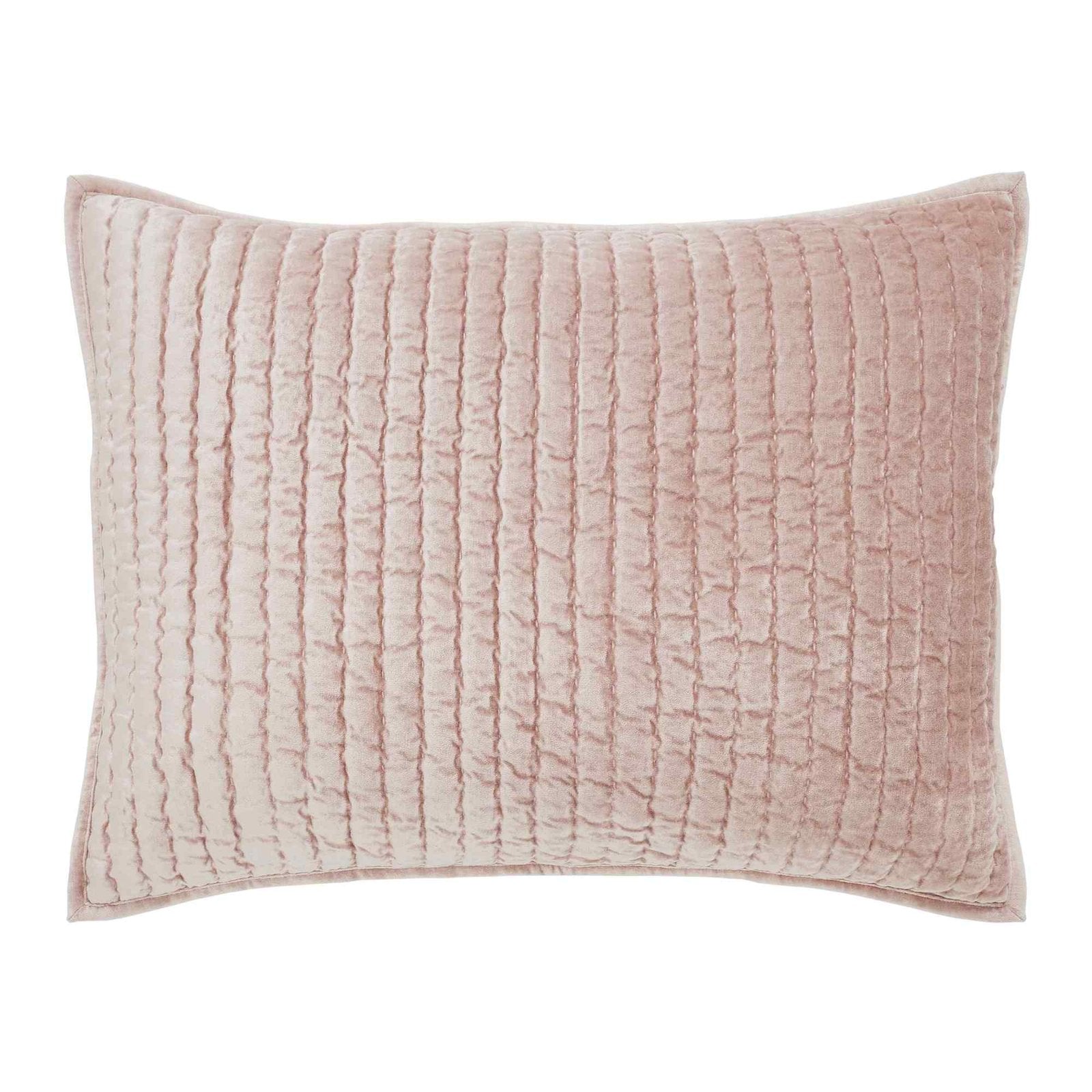 SS-354-2026_1|Blush pink velvet quilted bed sham, luxurious feel with soft vertical stripe pattern. Adds elegant texture to bedroom decor.