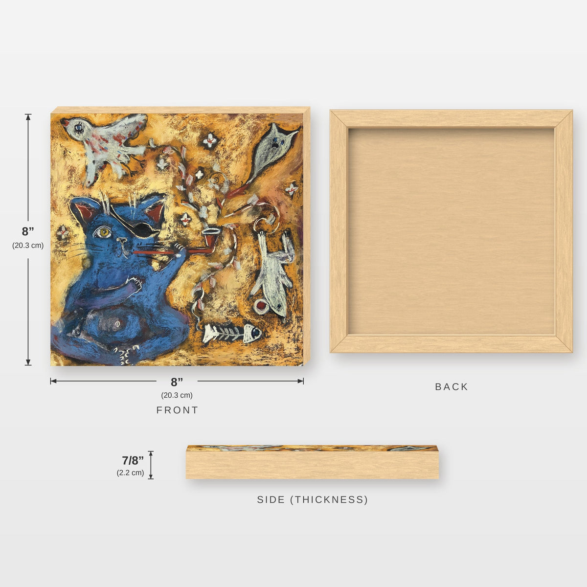 Smoking Cat blue pirate cat with pipe art print, 8x8 and 12x12 size guide with thickness