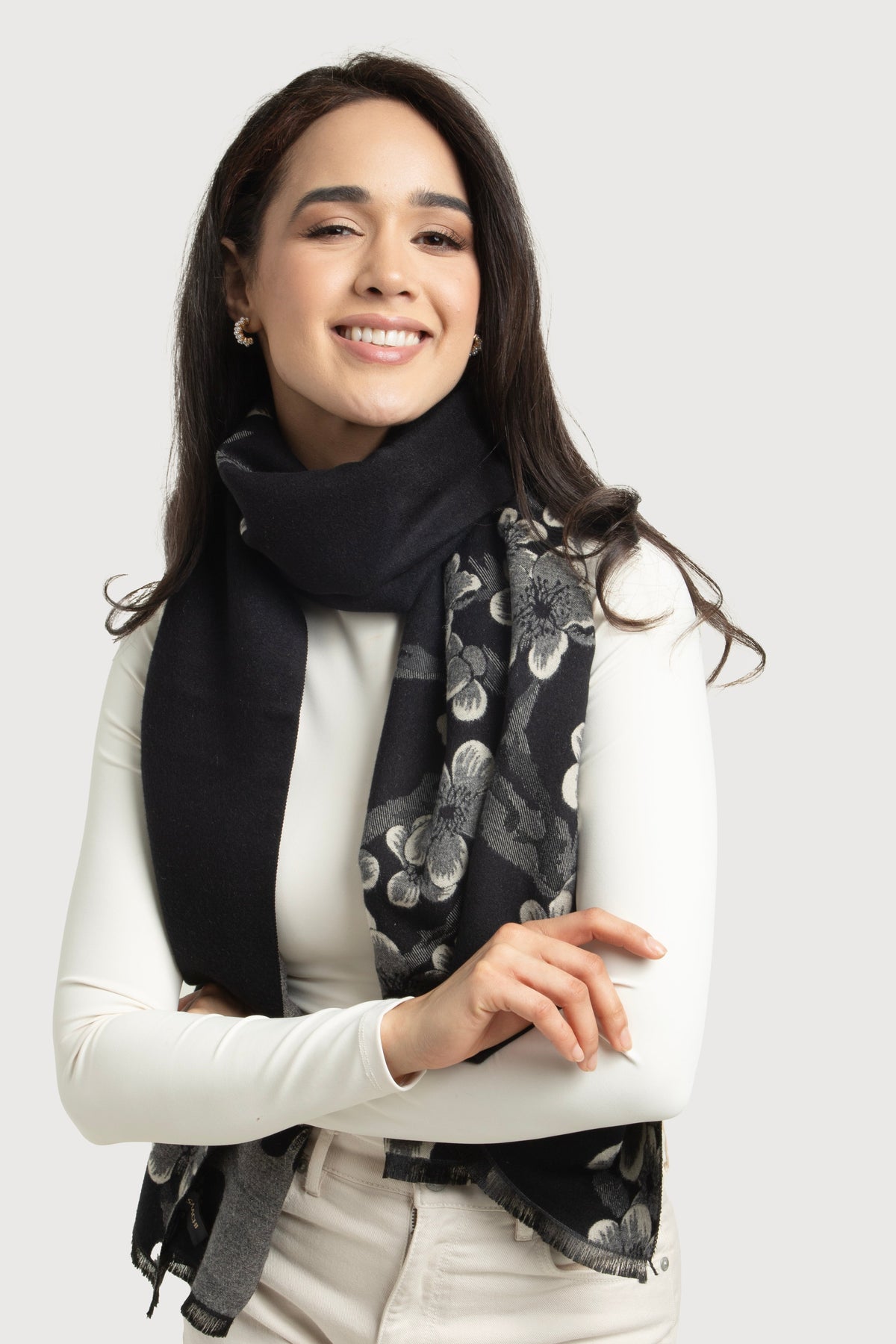 Two Color Floral Reversible Scarf - Black