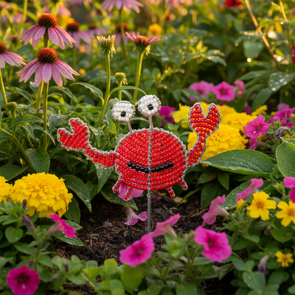 Crab Pot Stake Set of 3 in garden bed at golden hour - intricate glass and acrylic beadwork detail
