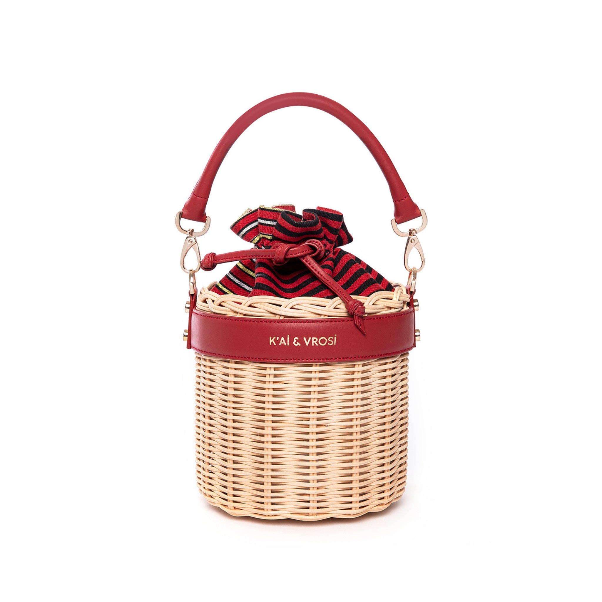 Red Leather & Straw Bucket Bag with Drawstring