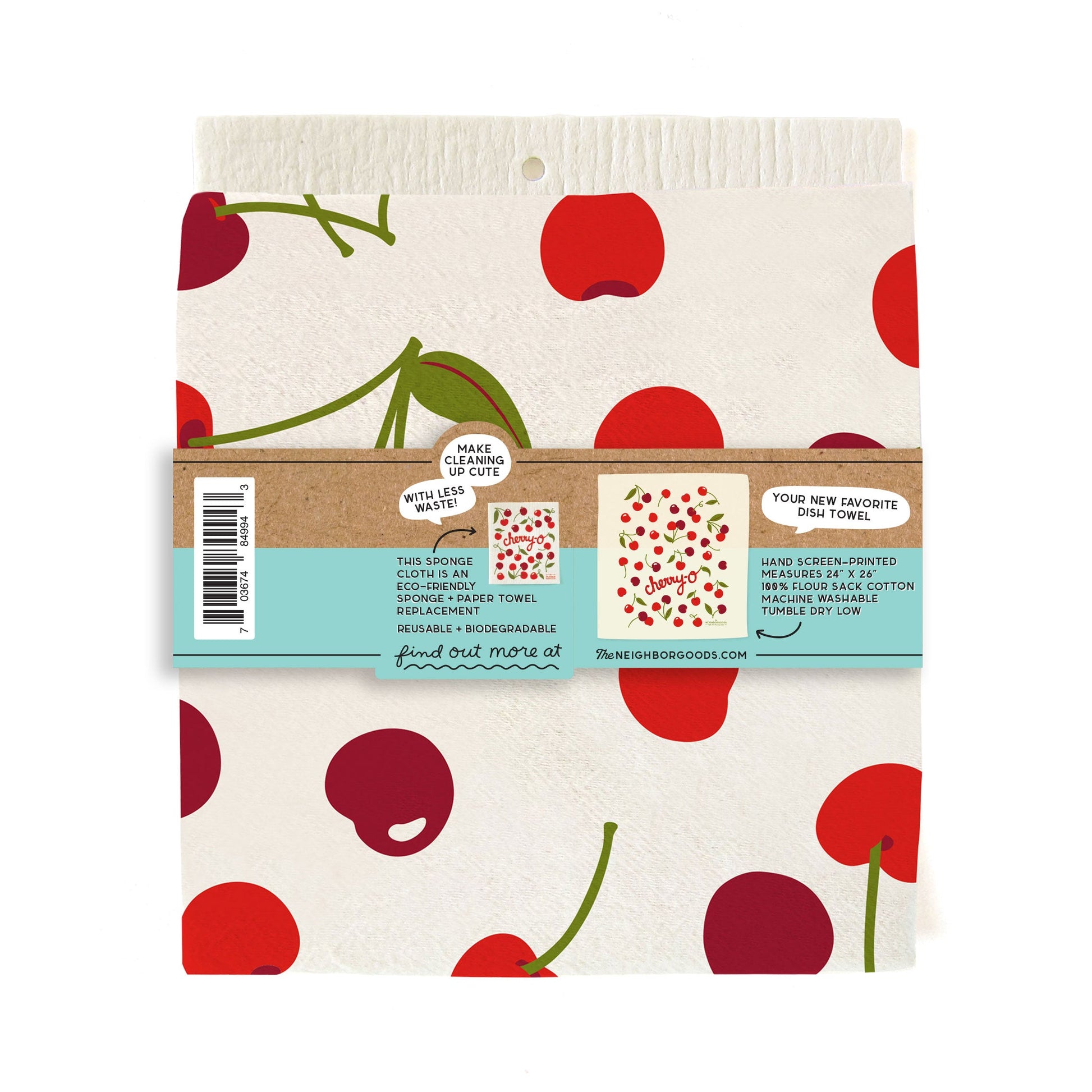 Back of matching dish towel and sponge cloth set with cherries design, featuring the phrase "Cherry-o"